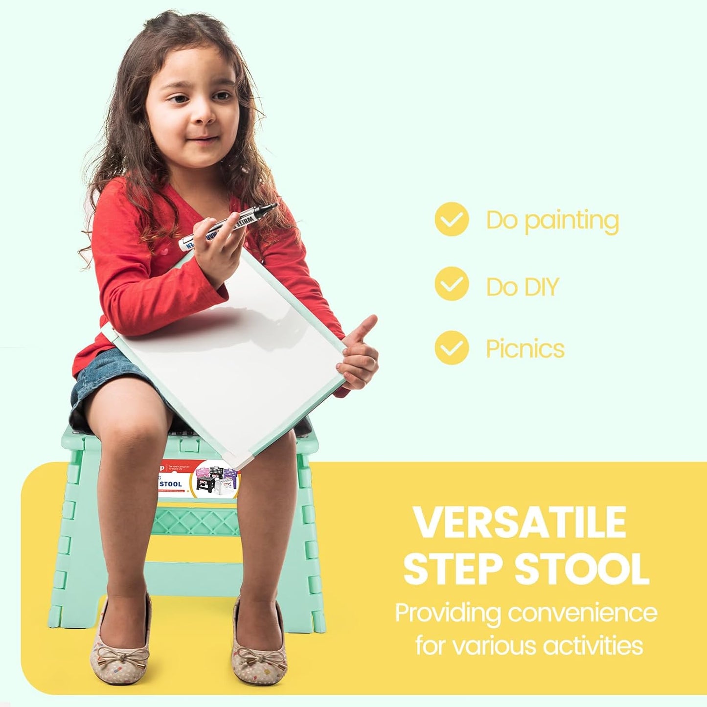 9 Inch Folding Step Stool 300 LB Capacity Non Slip Foot Stool with Handle Plastic Foldable Step Stools for Kids Stepping Stool for Bathroom Black Small Step Stool (1 PC Teal)