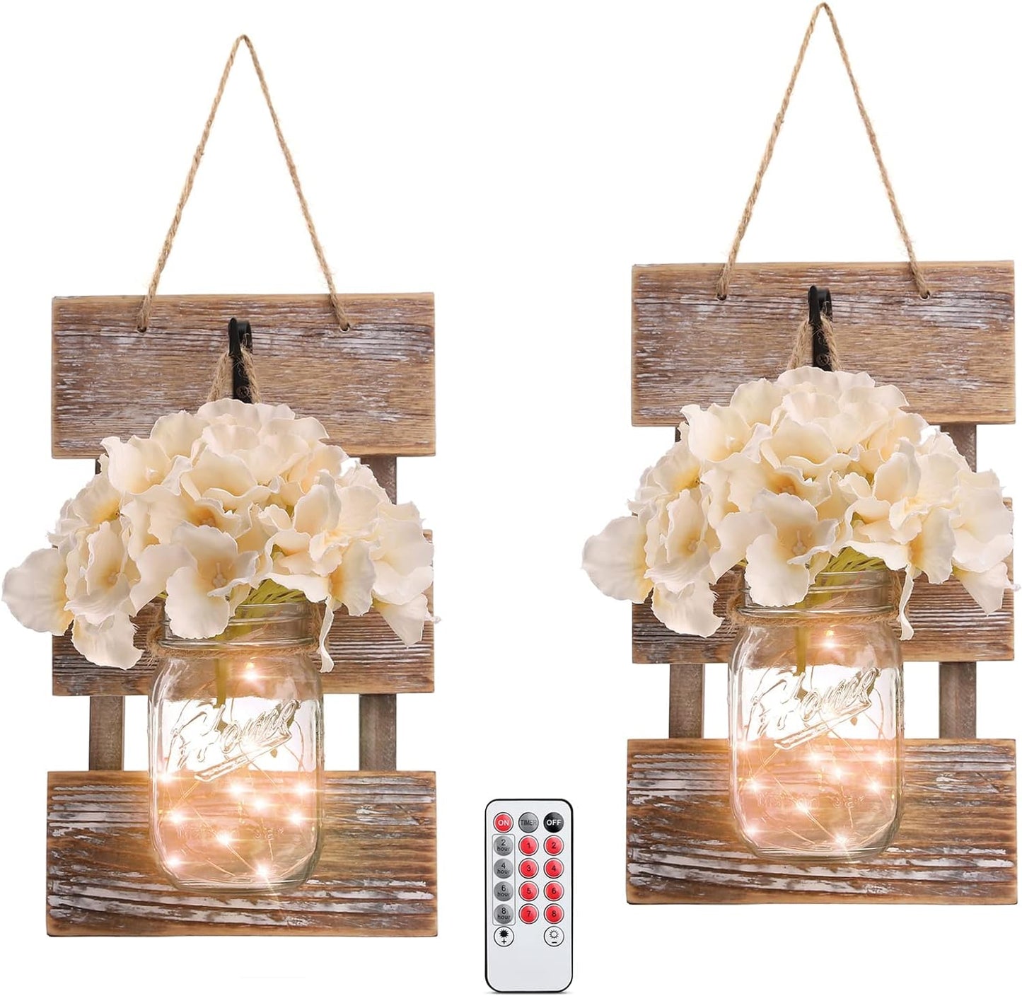 Mason Jar Wall Decor with LED Fairy Lights and Flowers - Farmhouse Home Decor (Set of 2)