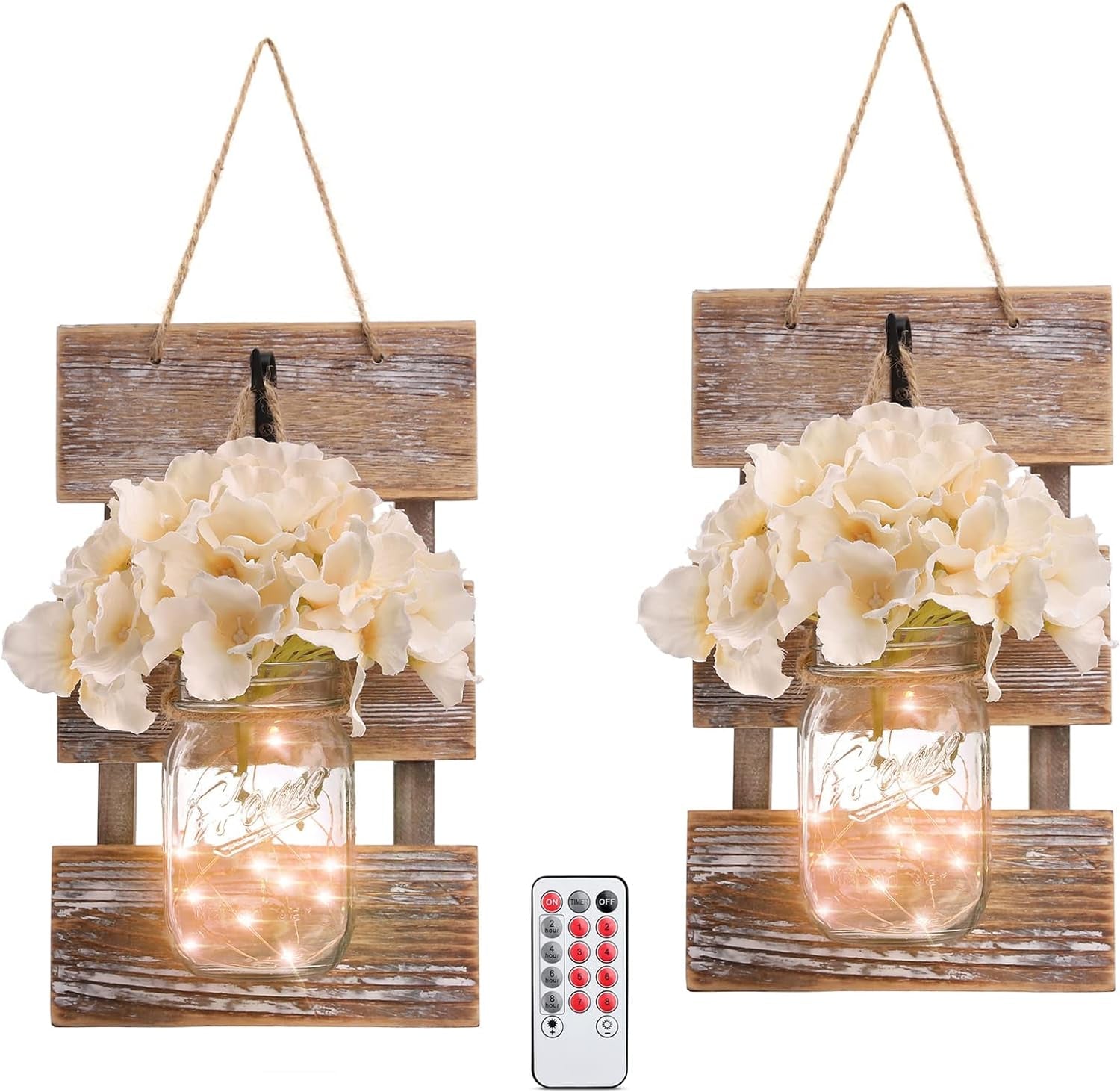 Mason Jar Wall Decor with LED Fairy Lights and Flowers - Farmhouse Home Decor (Set of 2)
