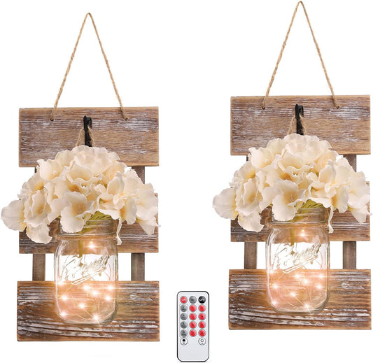 Mason Jar Wall Decor with LED Fairy Lights and Flowers - Farmhouse Home Decor (Set of 2)