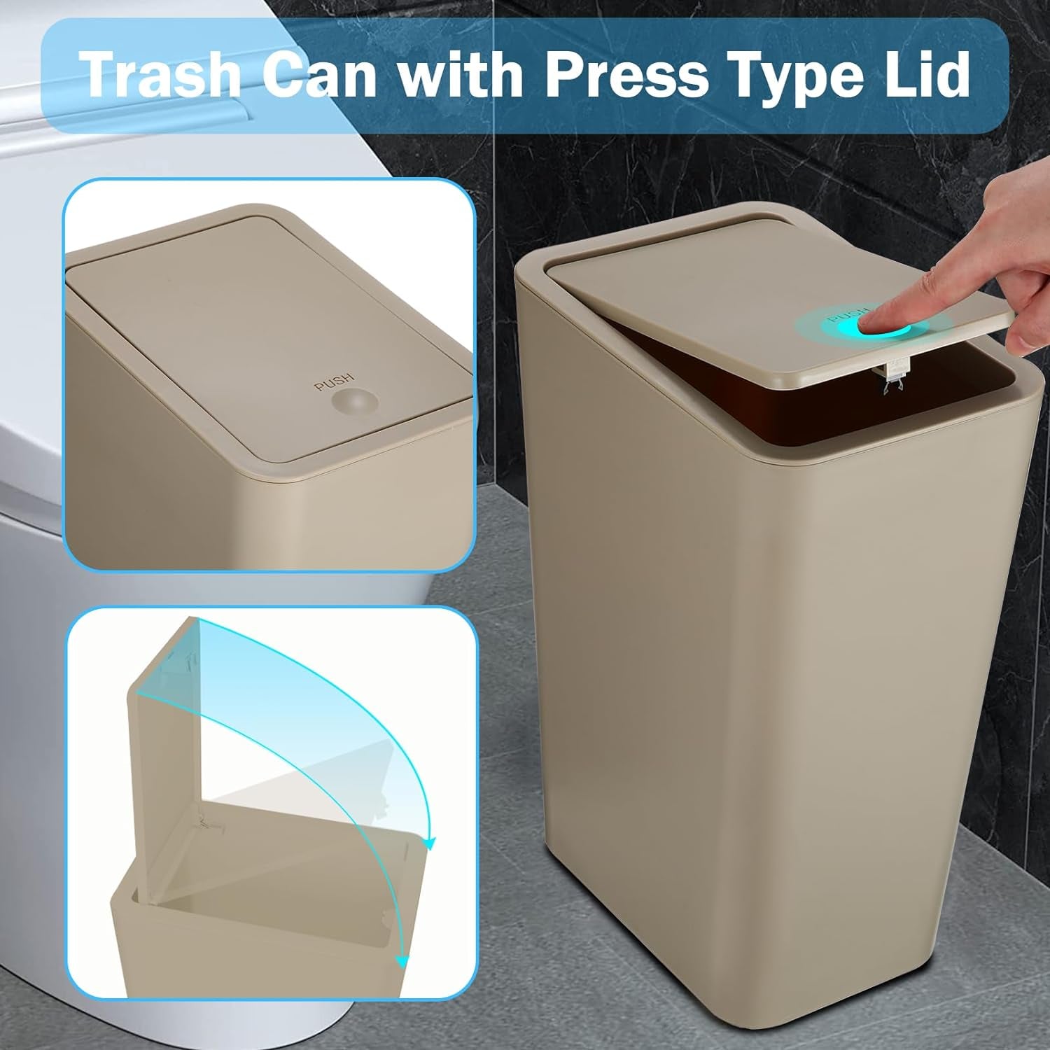 3 Pack Bathroom Small Trash Can with Lid,10L / 2.6 Gallon Slim Garbage Bin Wastebasket with Pop-Up Lid for Bedroom, Office, Kitchen, Craft Room, Fits under Desk/Cabinet/Sink/