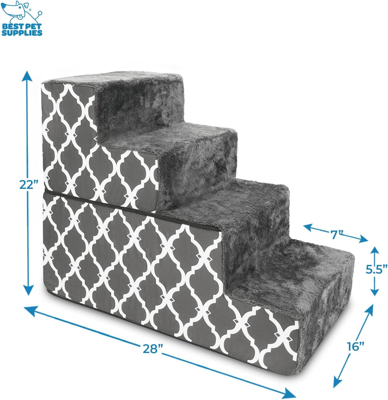 Portable Foldable Foam Pet Stairs/Steps for Couch, Sofa, and High Bed, Non-Slip Bottom Balanced Paw Safe - Gray Lattice Print, Foldable 4-Step (H: 22")
