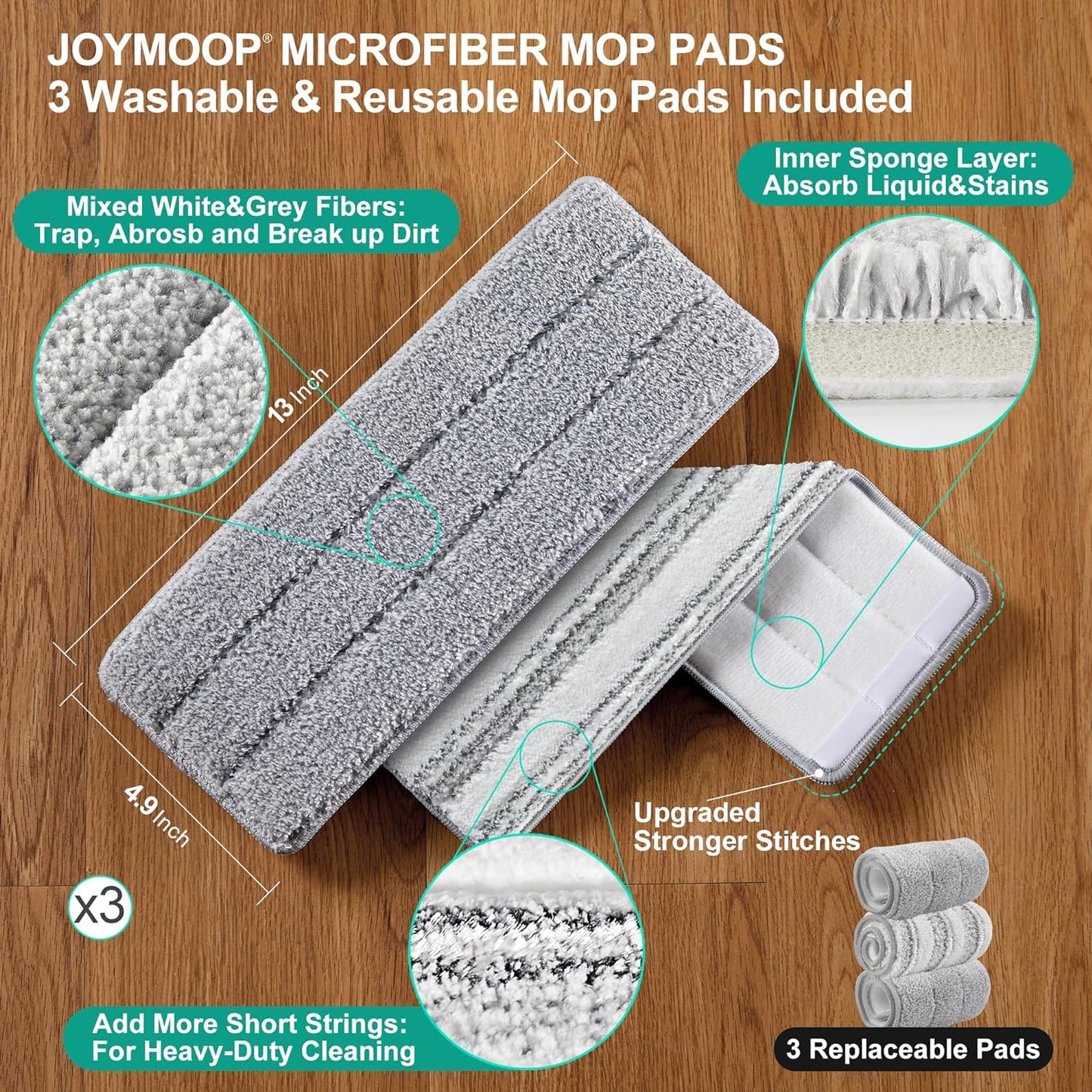 Mop and Bucket with Wringer Set for Home, Flat Mop and Bucket System, Mops for Floor Cleaning and Wall Cleaner, with 3 Reusable Microfiber Mop Pads
