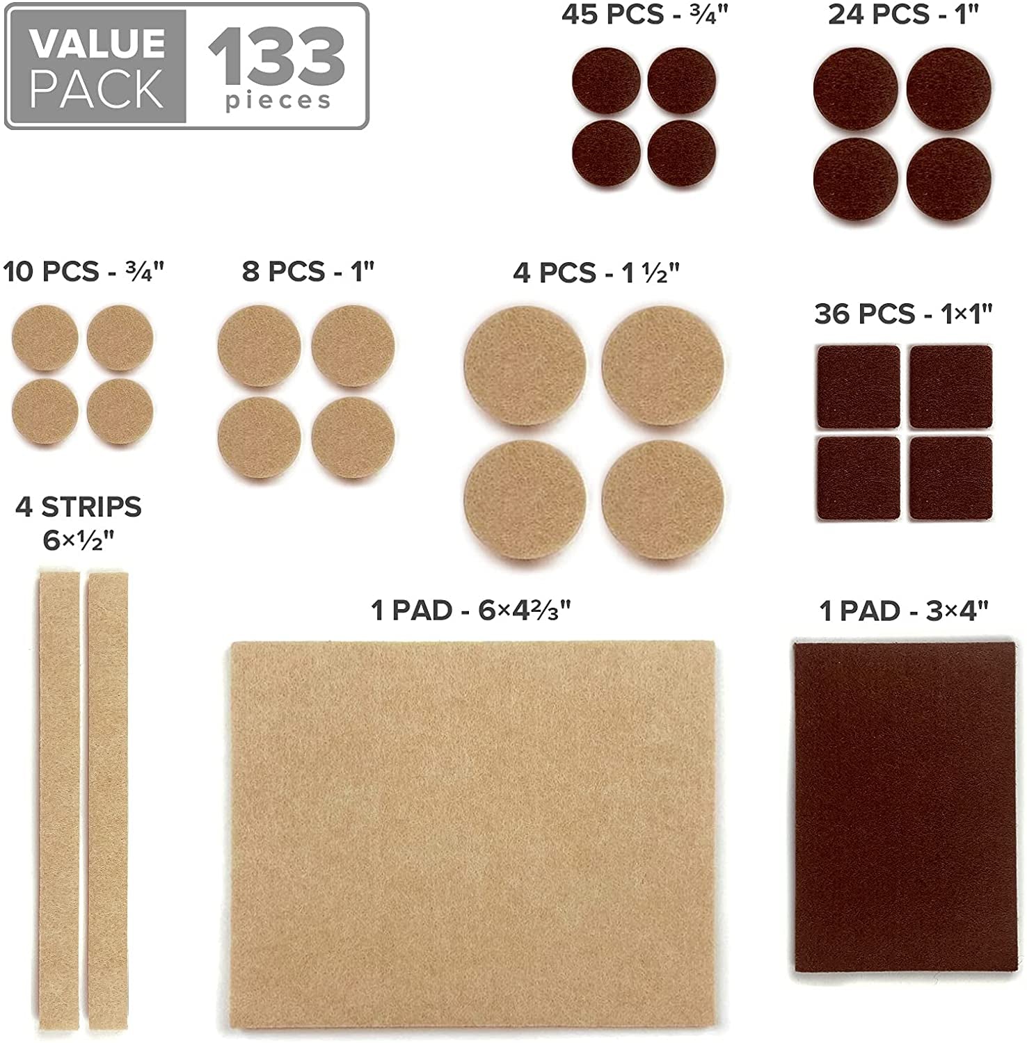 Felt Furniture Pads  133 PCS Premium Furniture Pads - Felt Pads Furniture Feet Best Wood Floor Protectors - Protect Your Hardwood & Laminate Flooring! Brown and Beige