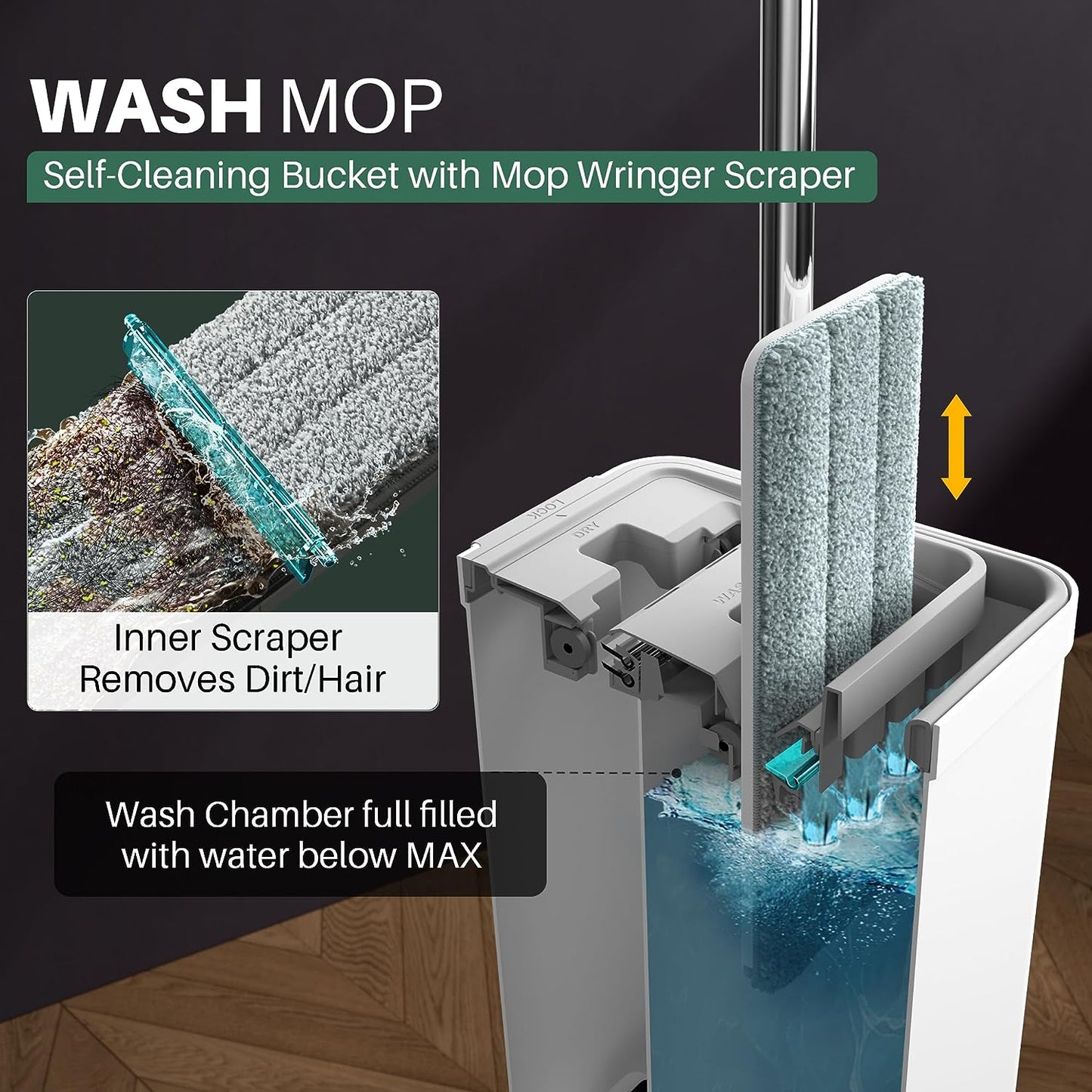 Mop and Bucket with Wringer Set for Home, Flat Mop and Bucket System, Mops for Floor Cleaning and Wall Cleaner, with 3 Reusable Microfiber Mop Pads