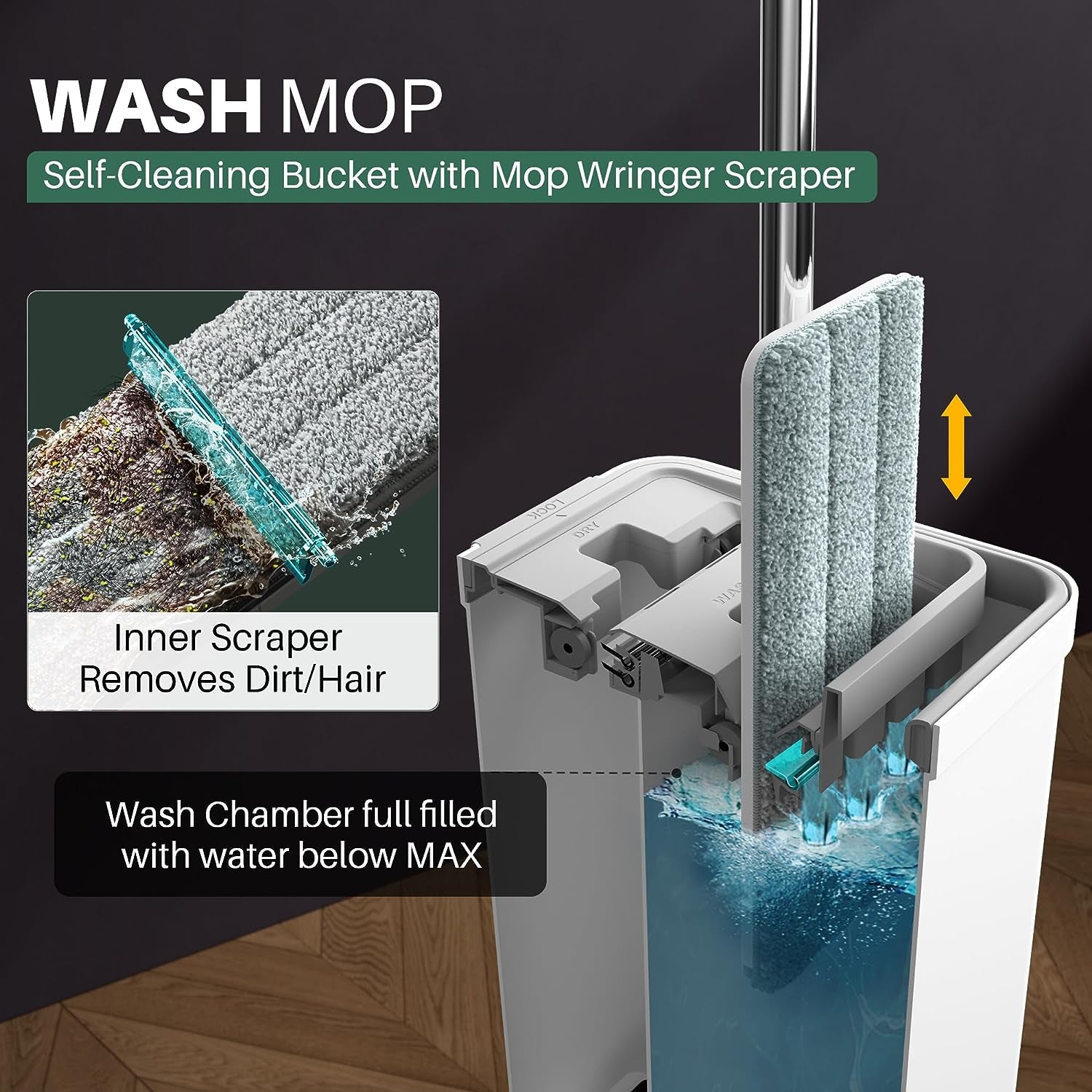 Mop and Bucket with Wringer Set for Home, Flat Mop and Bucket System, Mops for Floor Cleaning and Wall Cleaner, with 3 Reusable Microfiber Mop Pads