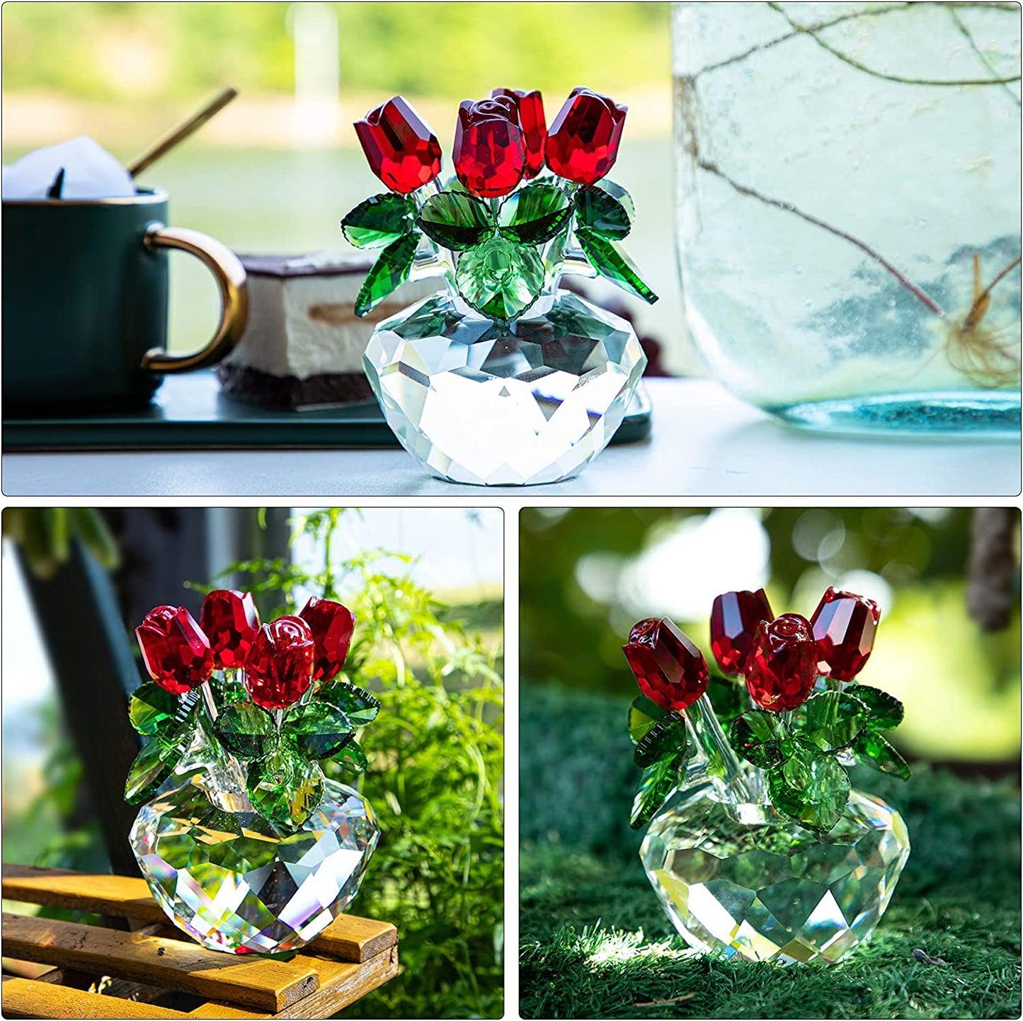 Red Rose Figurine Ornament Spring Bouquet Crystal Glass Flowers Gift-Boxed