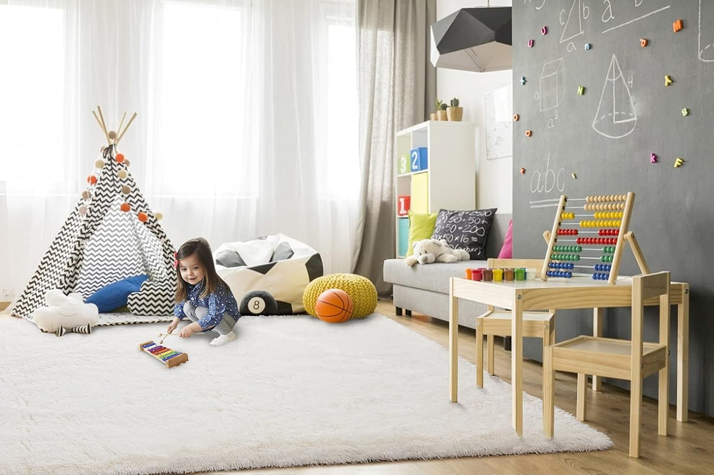 Super Soft Shaggy Rugs Fluffy Carpets 4X5.9 Feet, Indoor Modern Plush Area Rugs for Living Room Bedroom Kids Room Nursery Home Decor, Upgrade Anti-Skid Fuzzy Rug, Cream White