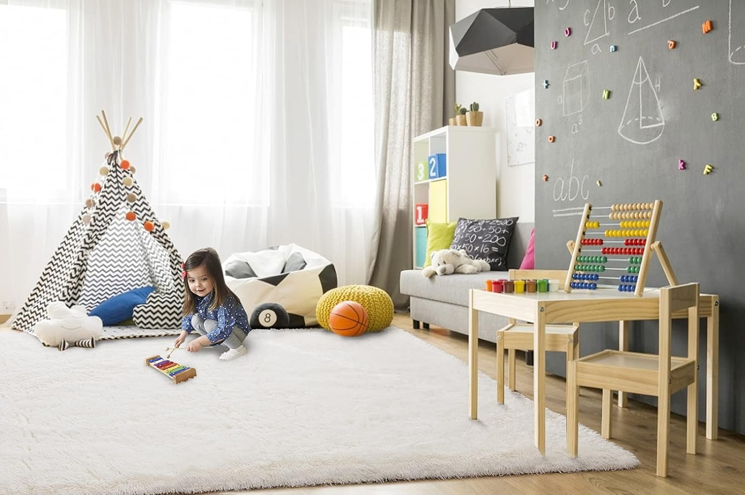 Super Soft Shaggy Rugs Fluffy Carpets 4X5.9 Feet, Indoor Modern Plush Area Rugs for Living Room Bedroom Kids Room Nursery Home Decor, Upgrade Anti-Skid Fuzzy Rug, Cream White
