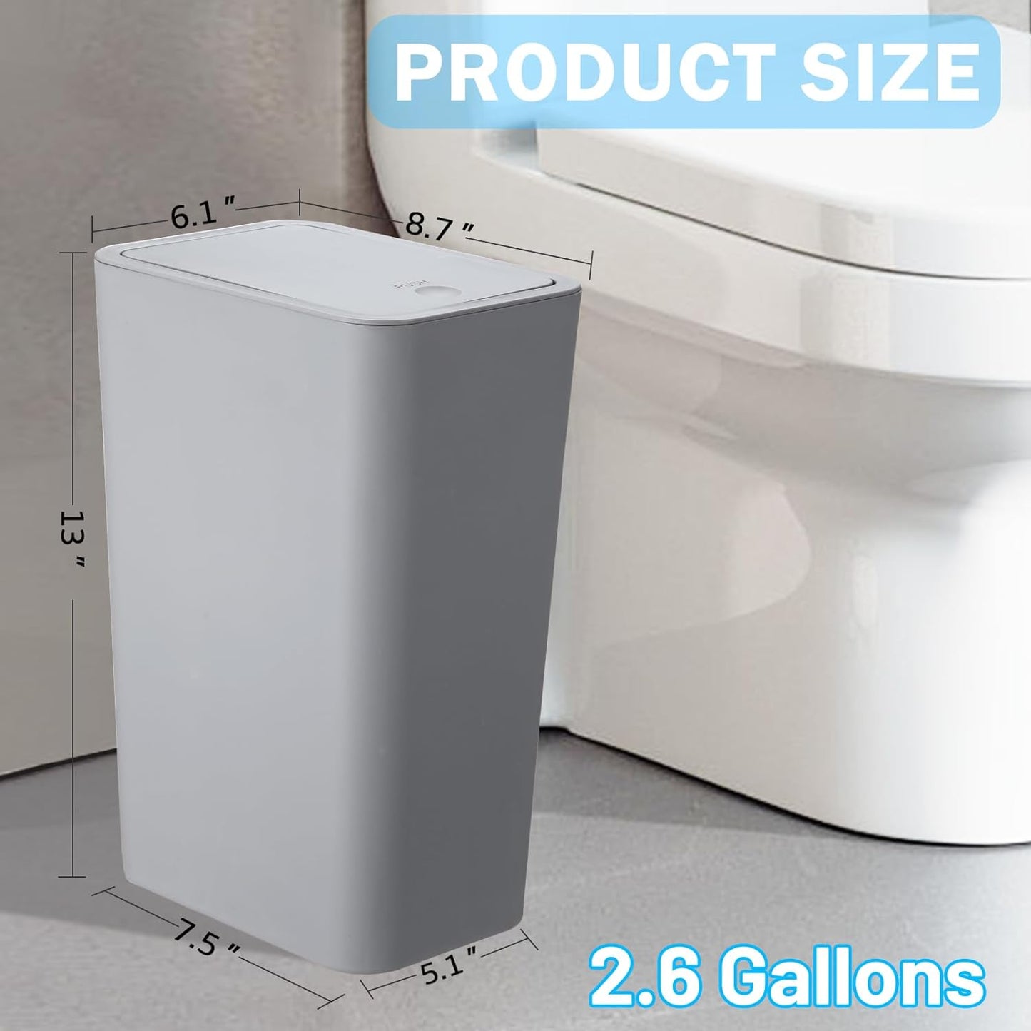 3 Pack Bathroom Small Trash Can with Lid,10L / 2.6 Gallon Slim Garbage Bin Wastebasket with Pop-Up Lid for Bedroom, Office, Kitchen, Craft Room, Fits under Desk/Cabinet/Sink/