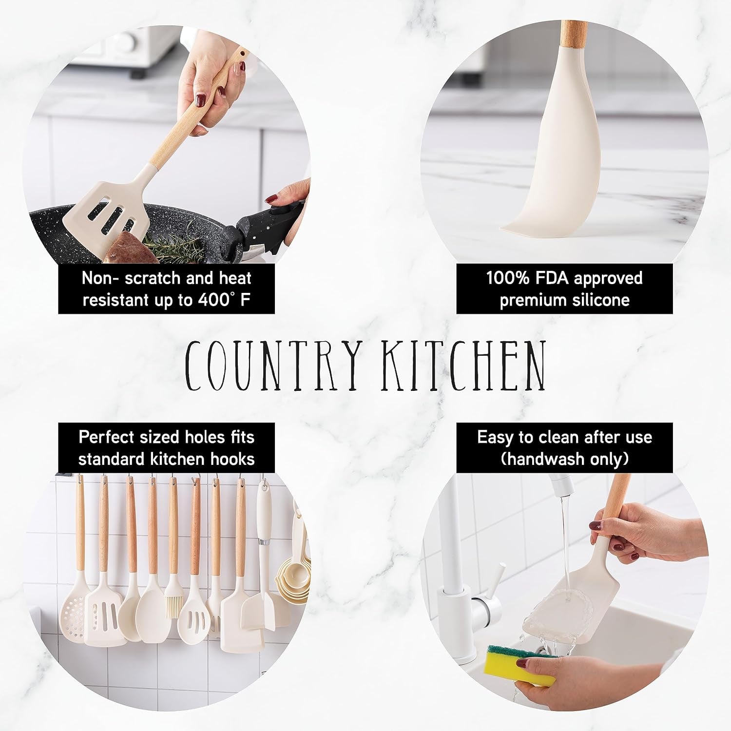 Cooking Utensils Set - 38 Pcs Non-Stick Silicone Spatula Set with Holder, Wooden Handles and Heat Resistant Gadgets Utensil