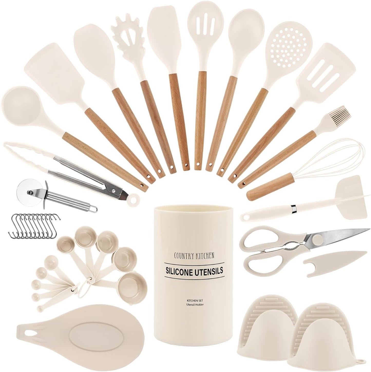 Cooking Utensils Set - 38 Pcs Non-Stick Silicone Spatula Set with Holder, Wooden Handles and Heat Resistant Gadgets Utensil