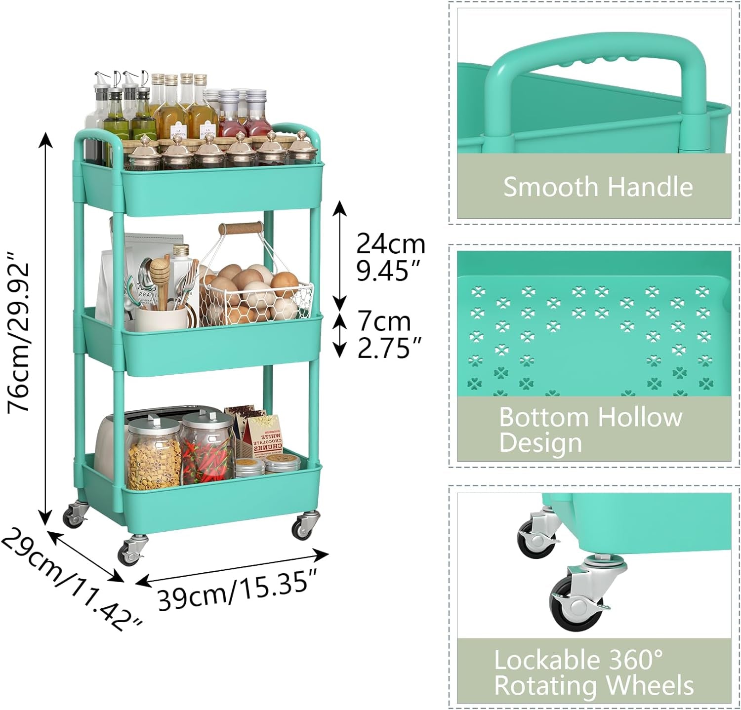 3-Tier Plastic Rolling Utility Cart with Handle, Multi-Functional Storage Trolley for Office, Living Room, Kitchen, Movable Storage Organizer with Wheels, Green
