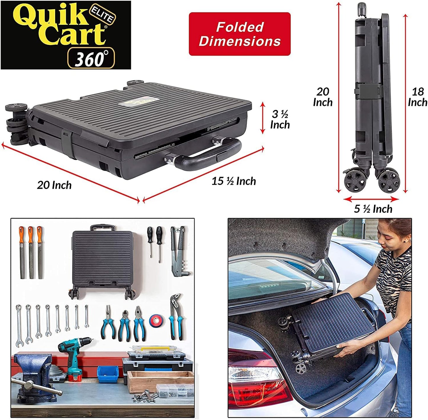 Quik Cart Elite 360 Four Wheeled Rolling Crate Teacher Utility with Seat Heavy Duty Collapsible Basket with Handle, Black