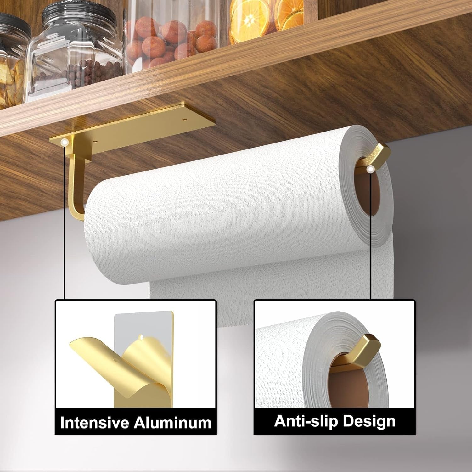 Paper Towel Holder - Self-Adhesive or Drilling, Gold Wall Mounted Paper Towel Rack under Cabinet for Kitchen, Upgraded Aluminum Kitchen Roll Holder - Lighter but Stronger than Stainless Steel!