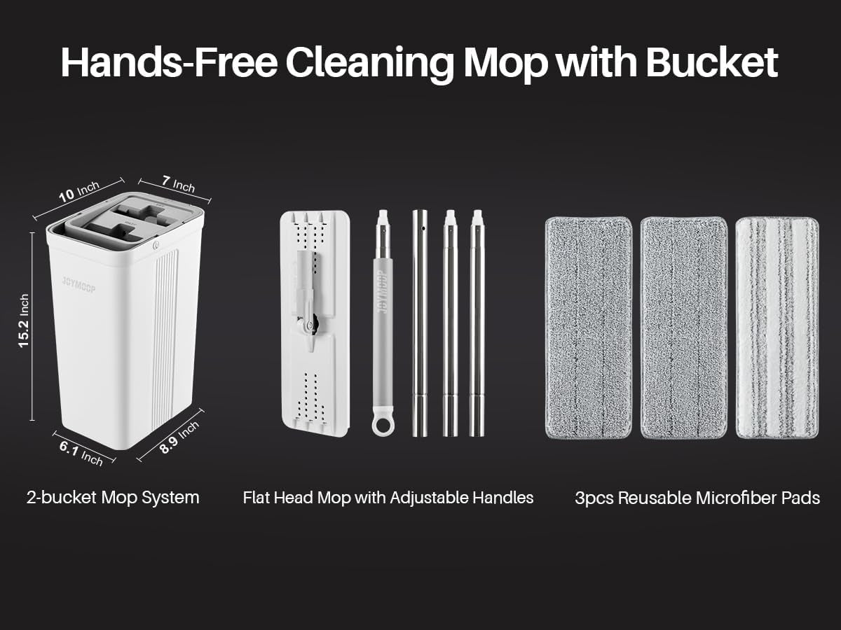 Mop and Bucket with Wringer Set for Home, Flat Mop and Bucket System, Mops for Floor Cleaning and Wall Cleaner, with 3 Reusable Microfiber Mop Pads