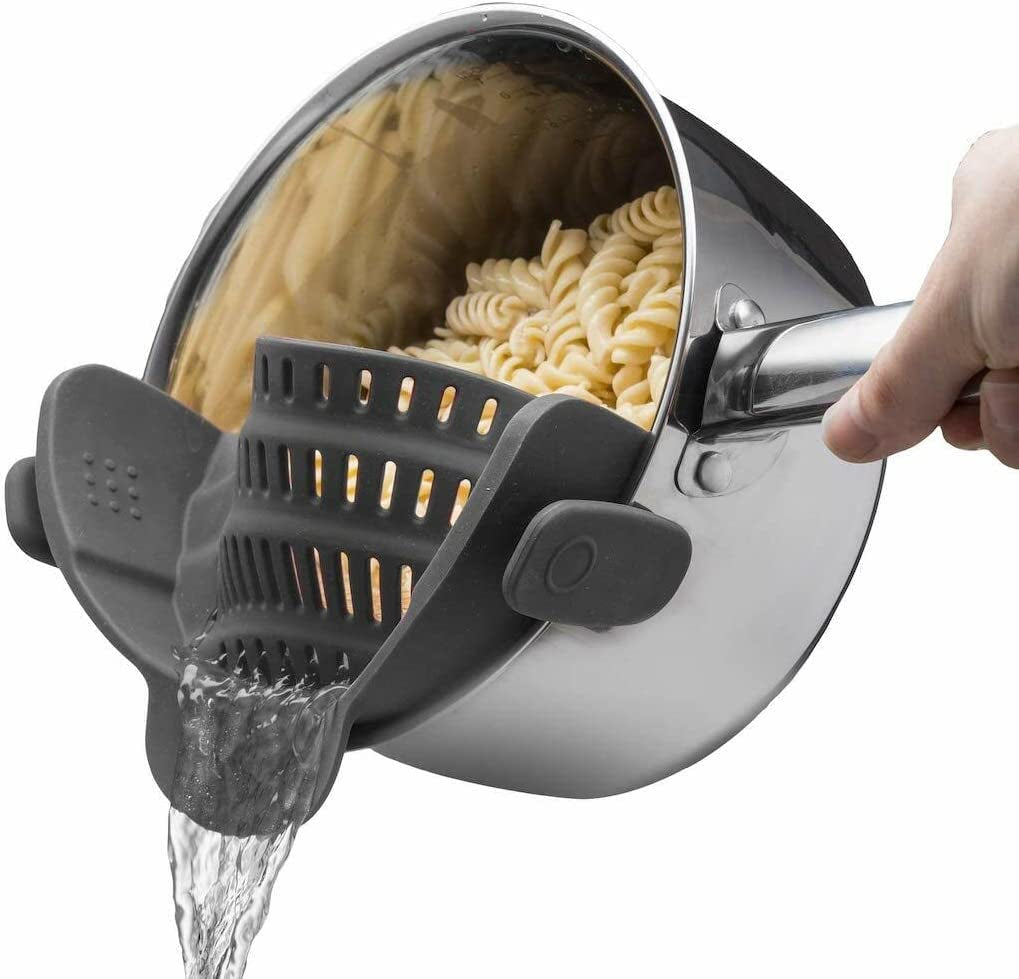 Snap N' Strain - Silicone Clip-On Colander, Heat Resistant Drainer for Vegetables and Pasta Noodles, Kitchen Gadgets for Bowl, Pots, and Pans - Essential Home Cooking Tools - Grey