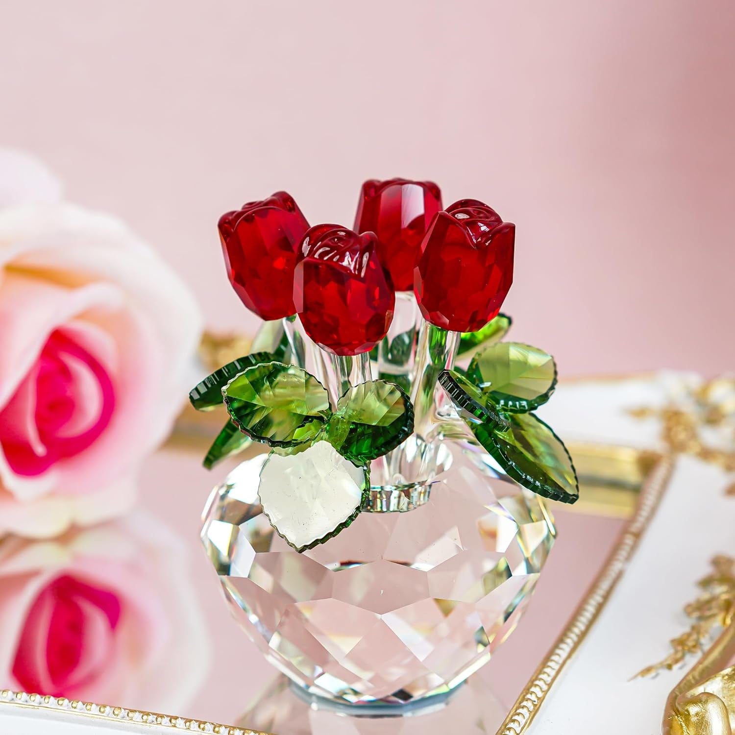 Red Rose Figurine Ornament Spring Bouquet Crystal Glass Flowers Gift-Boxed