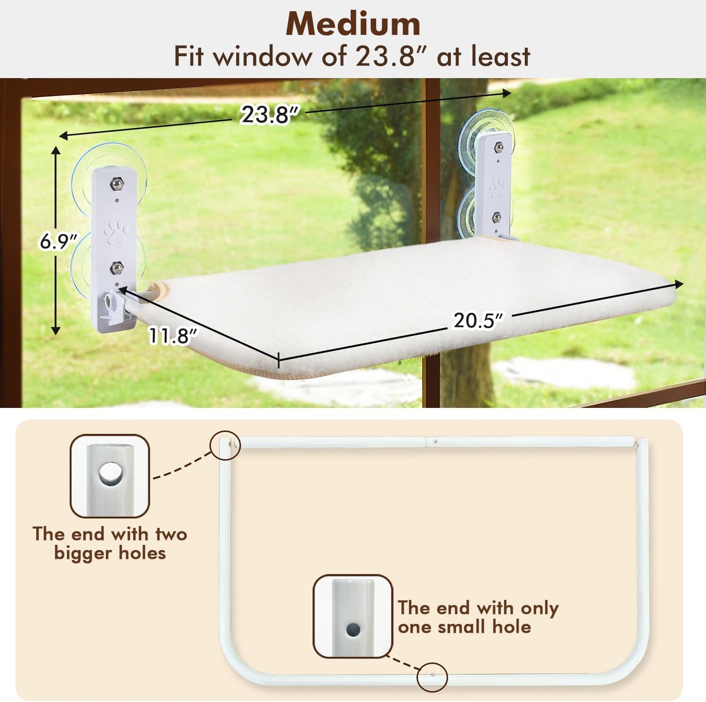 Cordless Cat Window Perch, Cat Hammock for Wall with 4 Strong Suction Cups, Solid Metal Frame and Reversible Cover, Foldable Cat Beds for Indoor Cats (Medium-White)