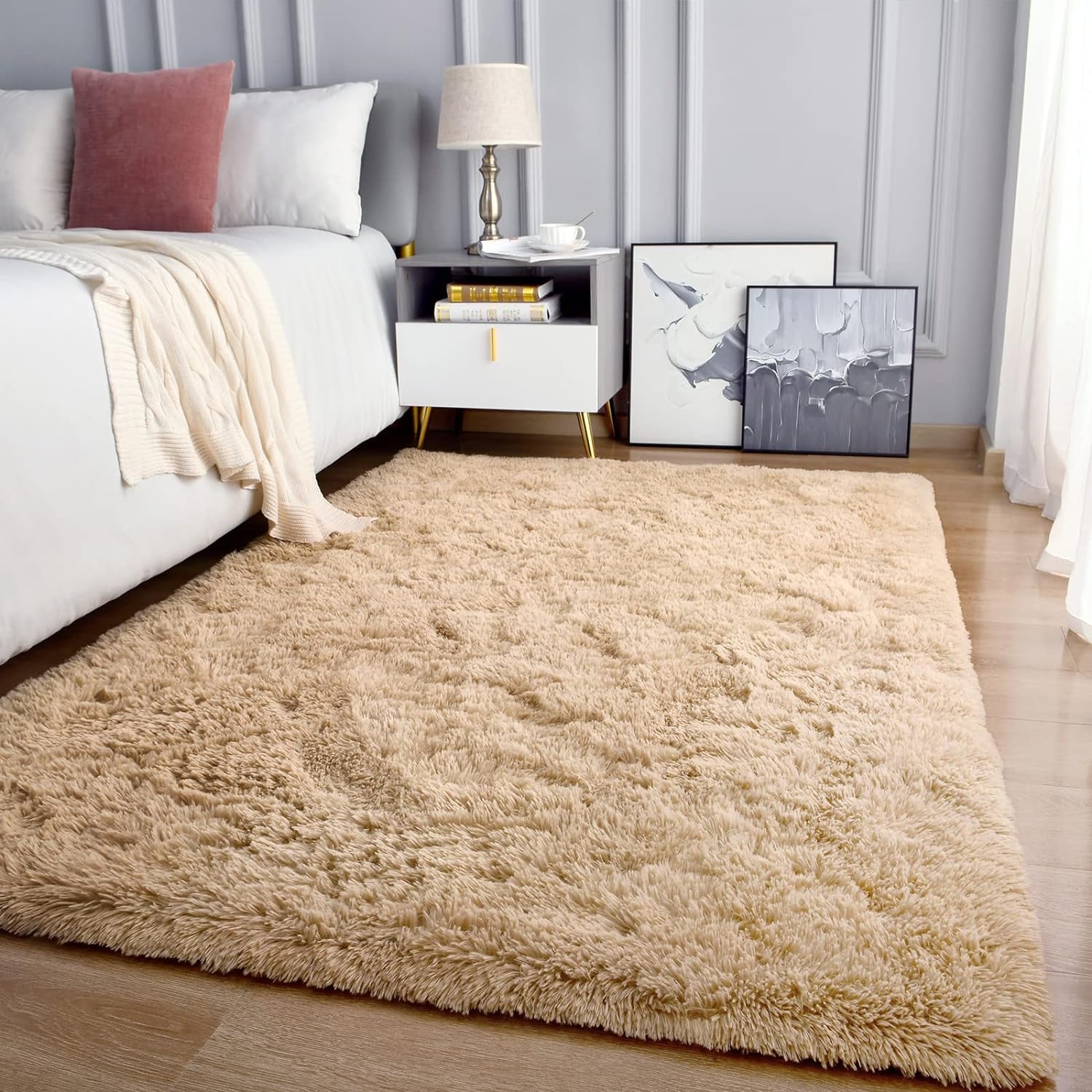 Fluffy Large Area Rugs for Bedroom Living Room, 5.3X7.5 Beige Soft Shag Furry Shaggy Modern Area Rugs Washable Non Shedding Indoor Fuzzy Rugs Carpets for Kids Girls Room Home Decor