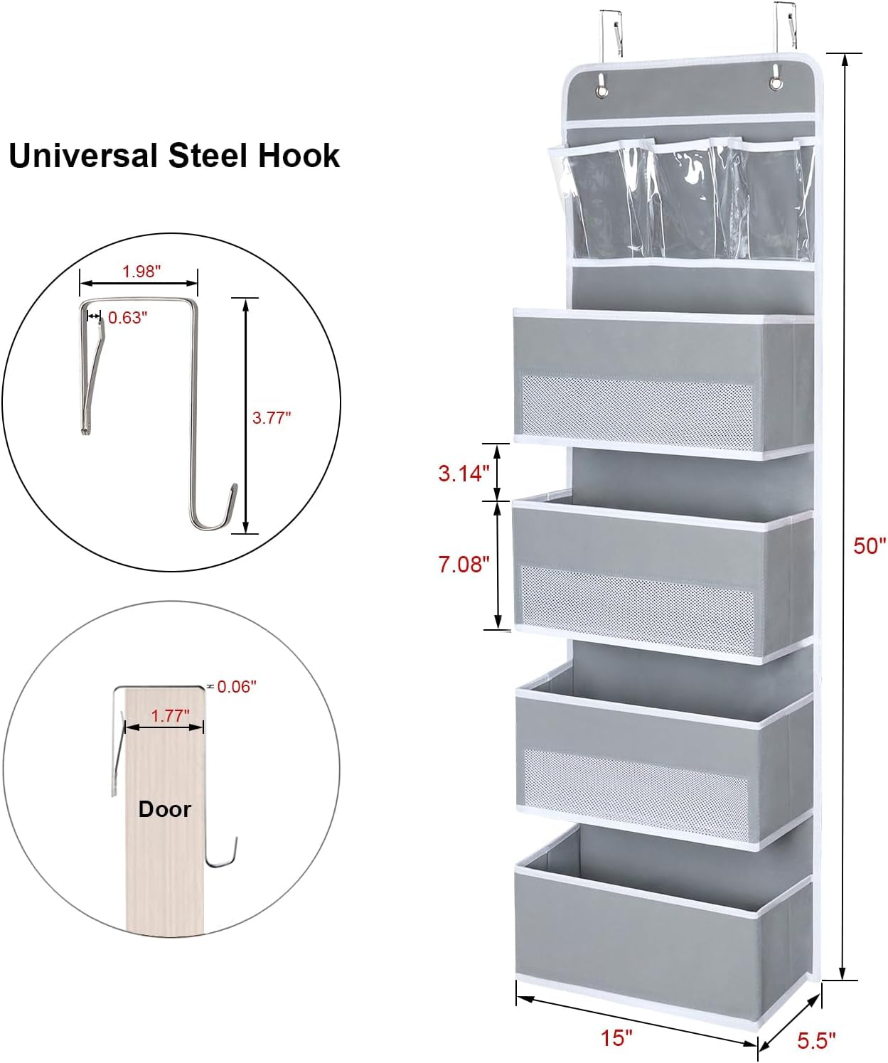 Door Hanging Organizer Nursery Closet Cabinet Baby Storage with 4 Large Pockets and 3 Small PVC Pockets for Cosmetics, Toys and Sundries (Grey)