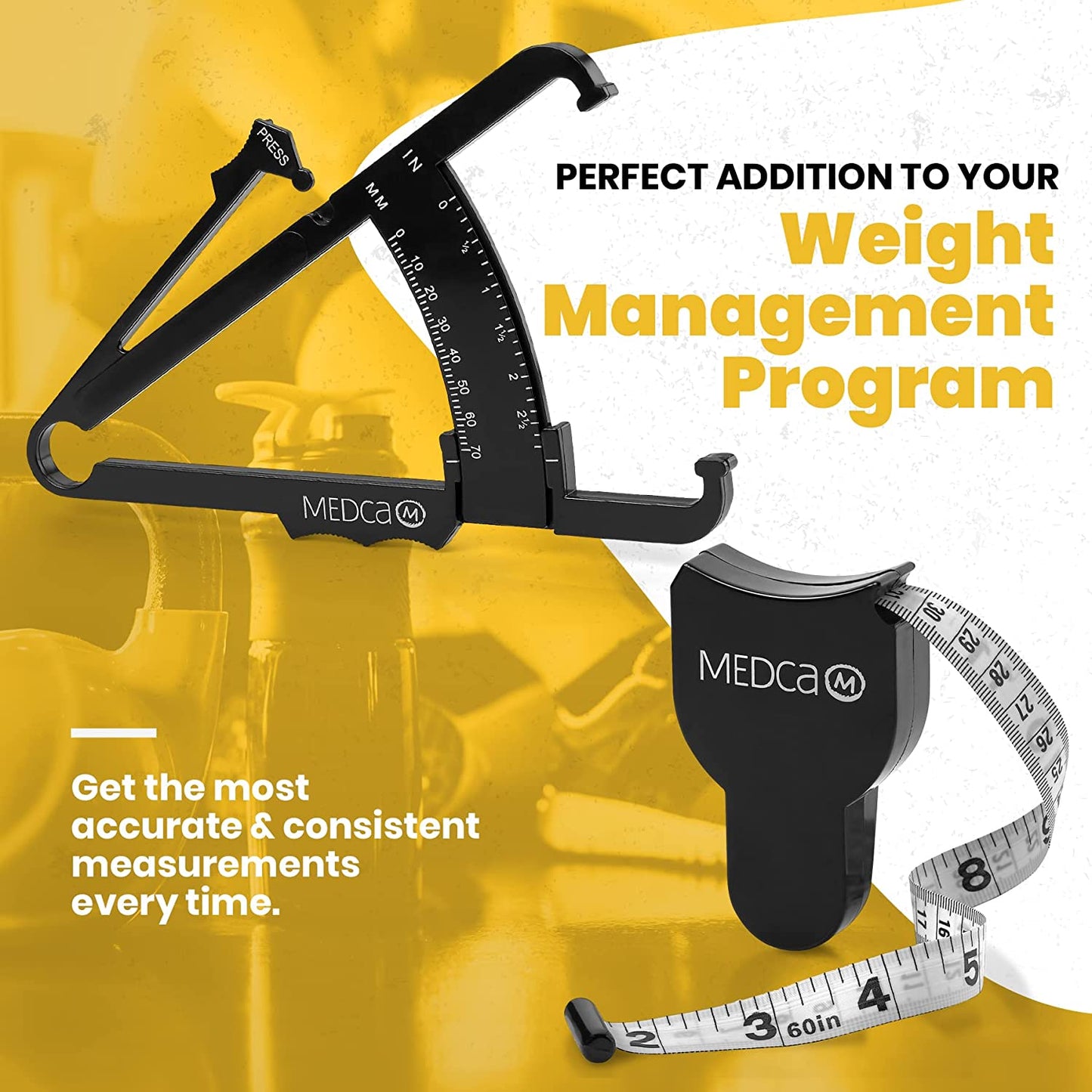 Body Fat Caliper and Measuring Tape for Body - Skinfold Calipers and Body Fat Tape Measure Tool for Accurately Measuring BMI Skin Fold Fitness and Weight-Loss, (Black)
