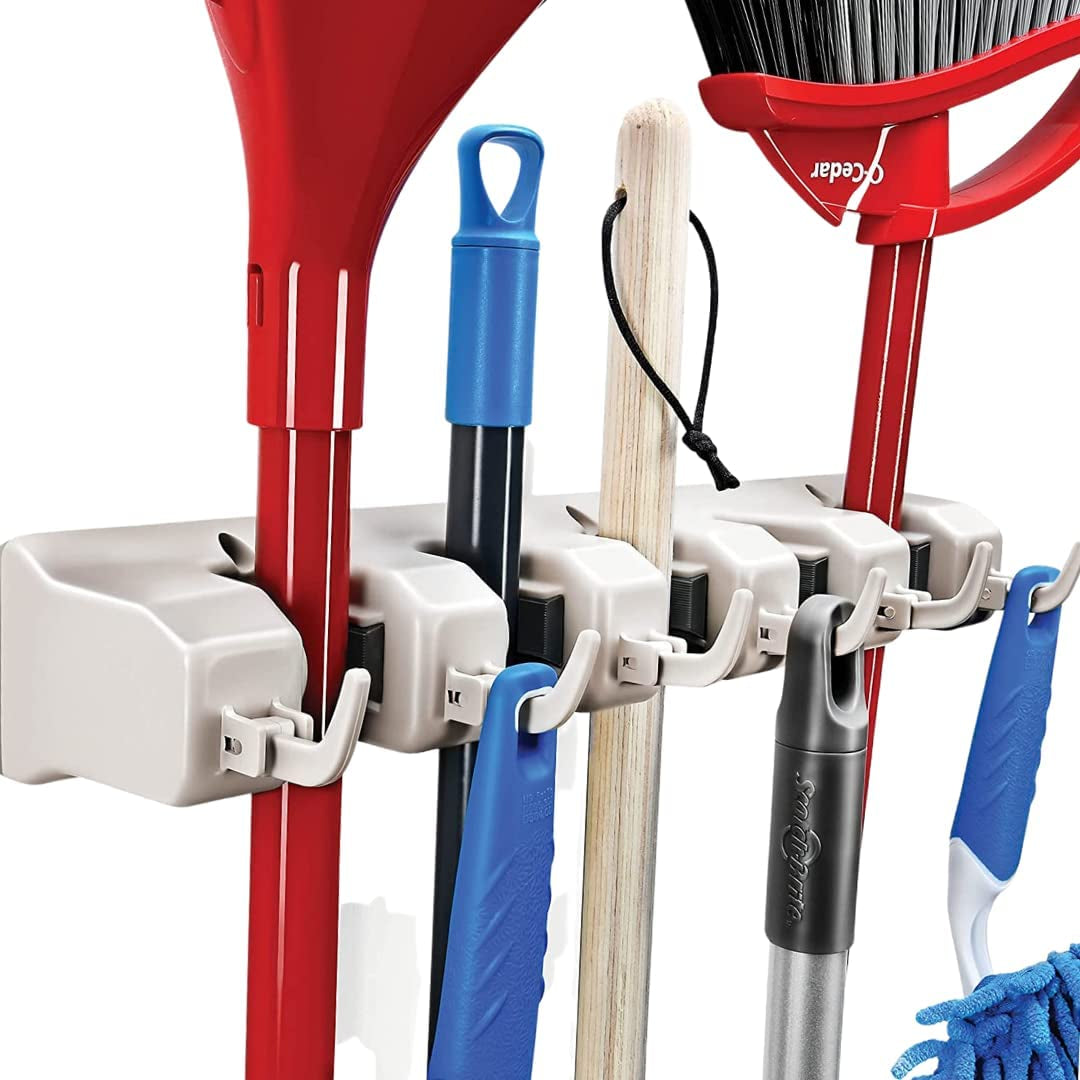 Mop and Broom Holder - Garage Storage Systems with 5 Slots, 6 Hooks, 7.5Lbs Capacity per Slot - Garden Tool Organizer for 11 Tools - for Home, Kitchen, Closet, Laundry Room - Off-White
