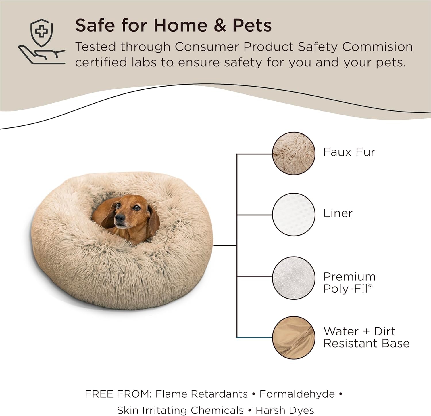 the Original Calming Donut Cat and Dog Bed in Shag Fur Taupe, Small 23"