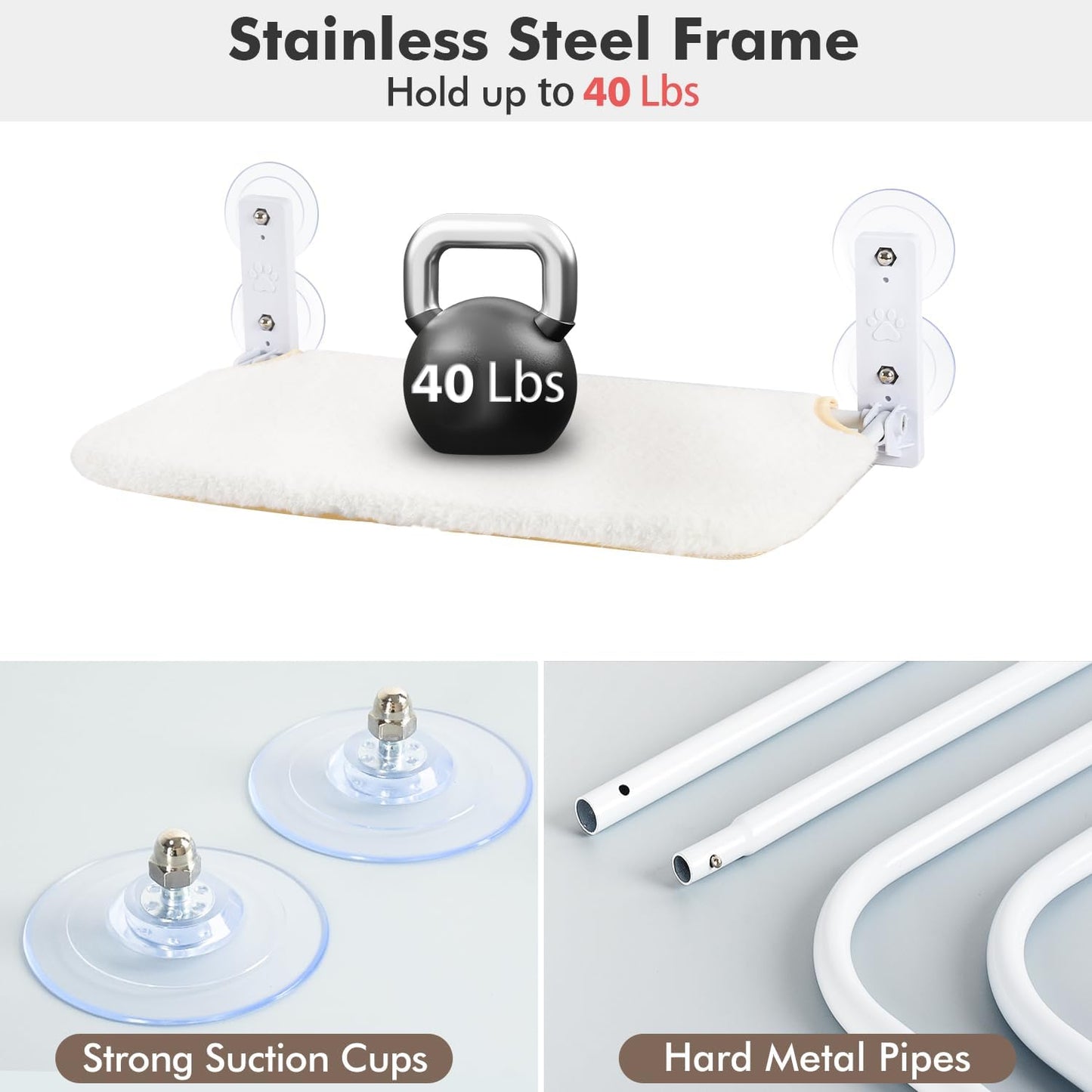 Cordless Cat Window Perch, Cat Hammock for Wall with 4 Strong Suction Cups, Solid Metal Frame and Reversible Cover, Foldable Cat Beds for Indoor Cats (Medium-White)