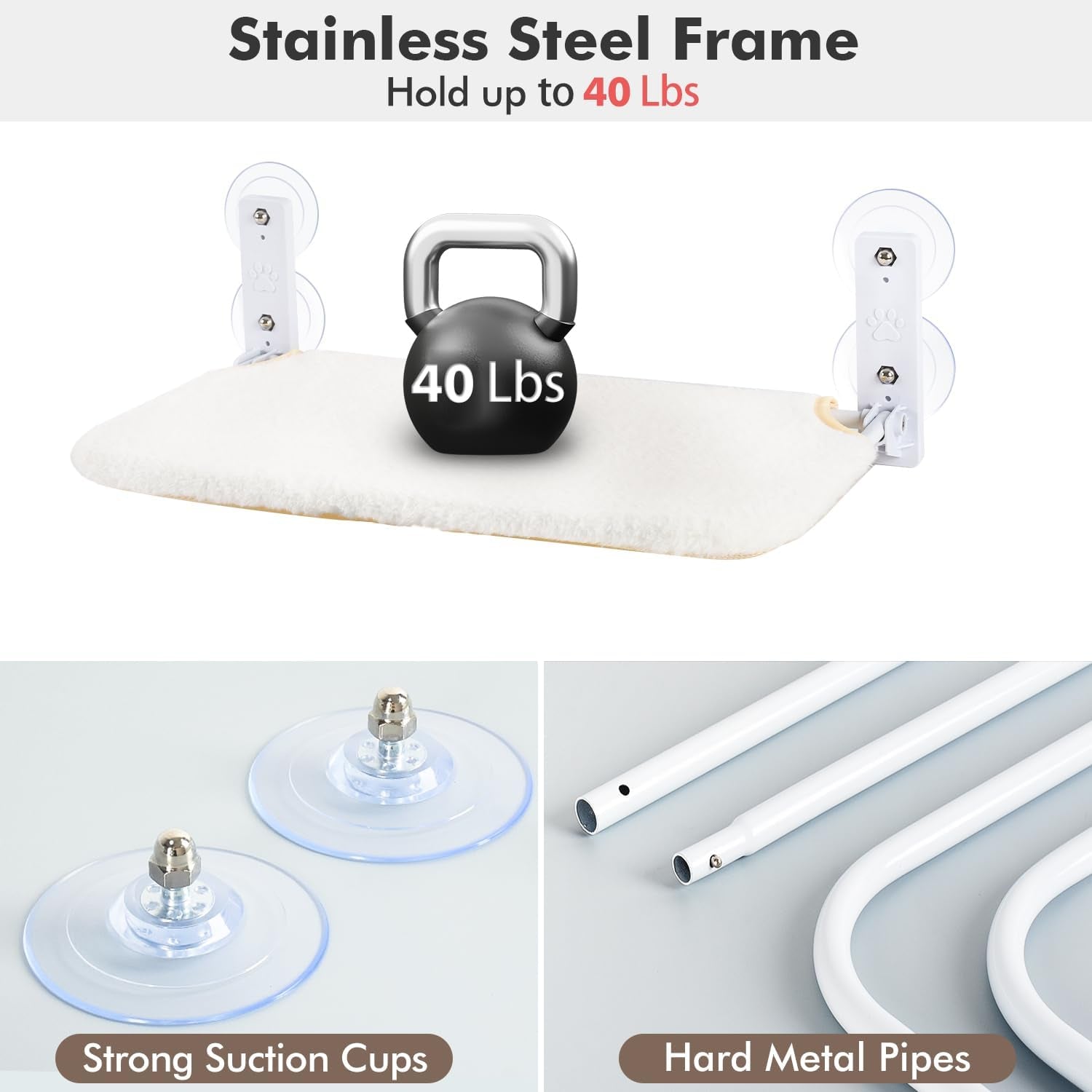 Cordless Cat Window Perch, Cat Hammock for Wall with 4 Strong Suction Cups, Solid Metal Frame and Reversible Cover, Foldable Cat Beds for Indoor Cats (Medium-White)
