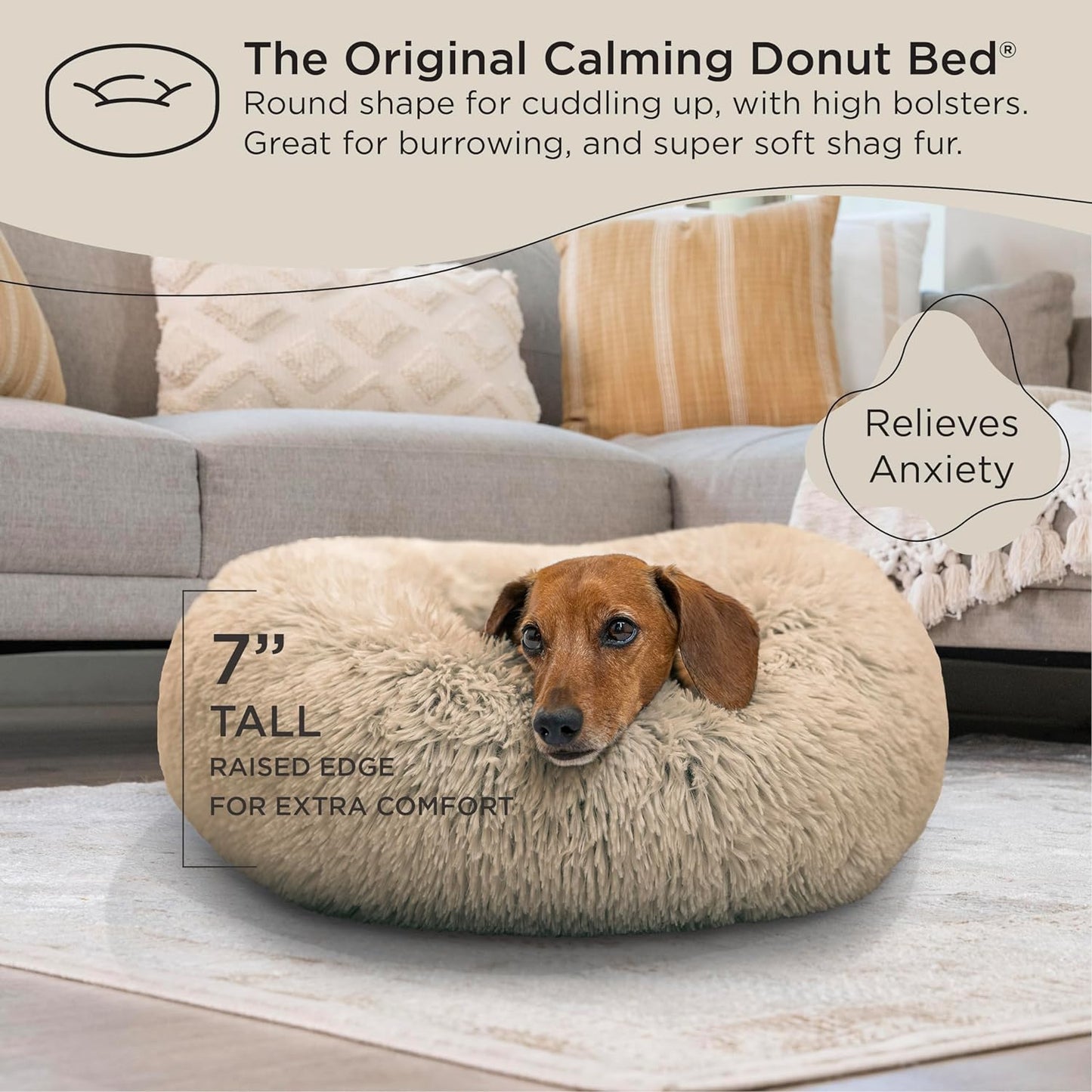 the Original Calming Donut Cat and Dog Bed in Shag Fur Taupe, Small 23"