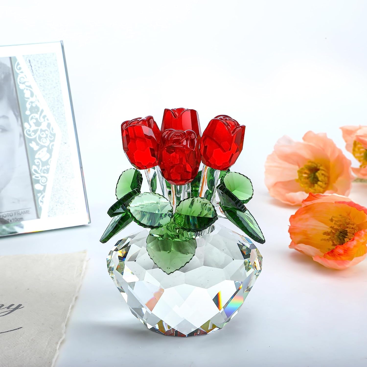 Red Rose Figurine Ornament Spring Bouquet Crystal Glass Flowers Gift-Boxed