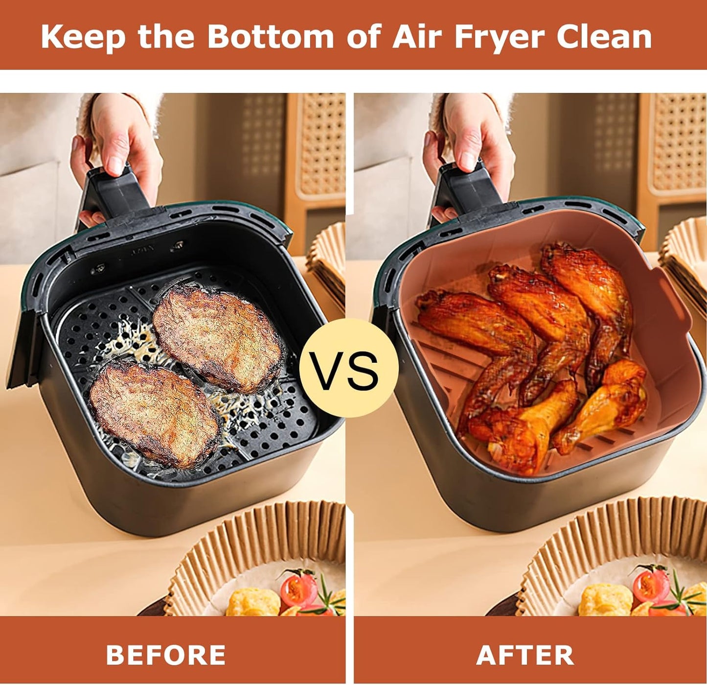 Silicone Air Fryer Basket Liners Square - 2Pcs Reusable Air Fryer Silicone Pots for Food Safe Air Fryers Oven Accessories(8.5 Inch)