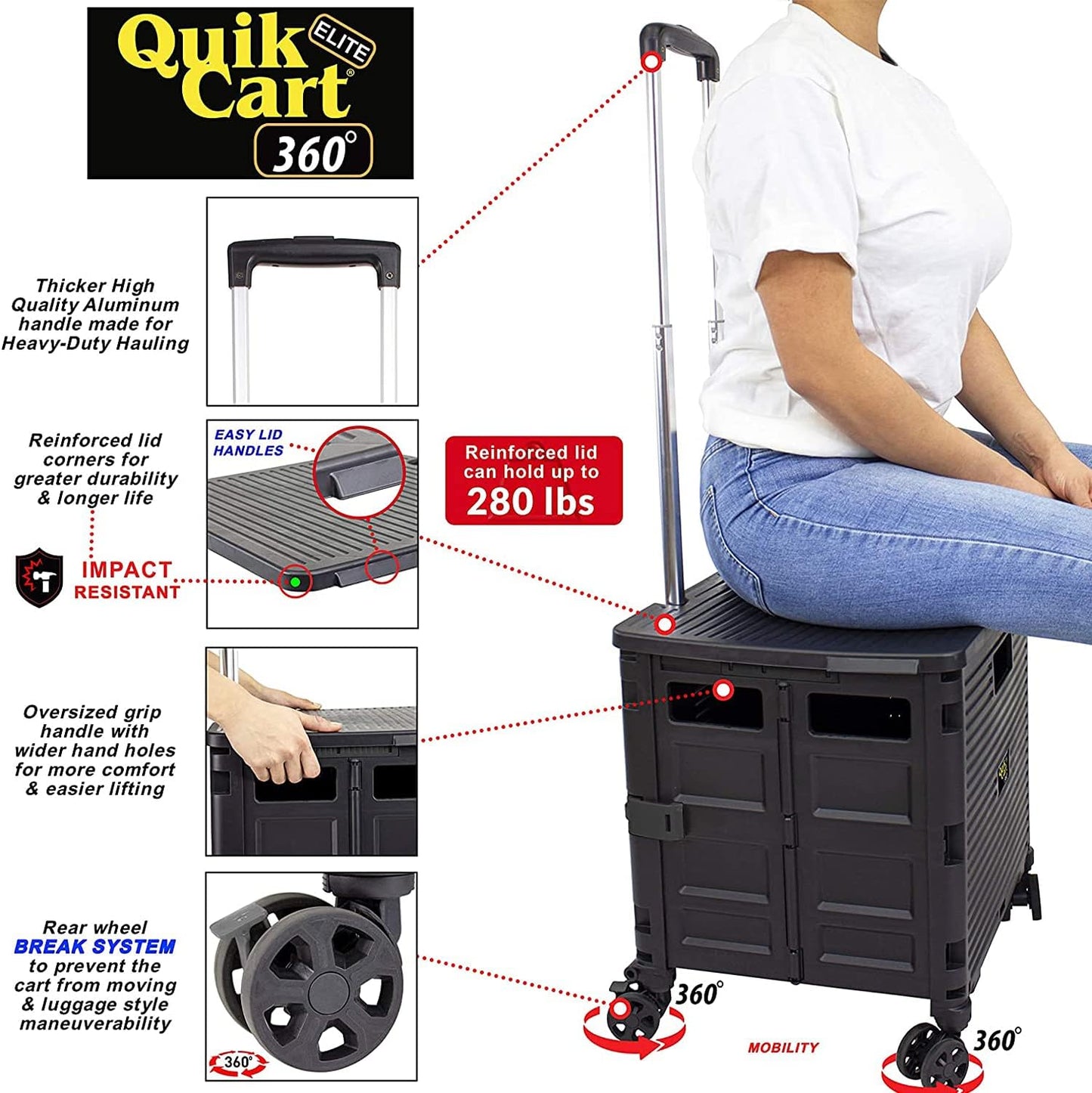 Quik Cart Elite 360 Four Wheeled Rolling Crate Teacher Utility with Seat Heavy Duty Collapsible Basket with Handle, Black