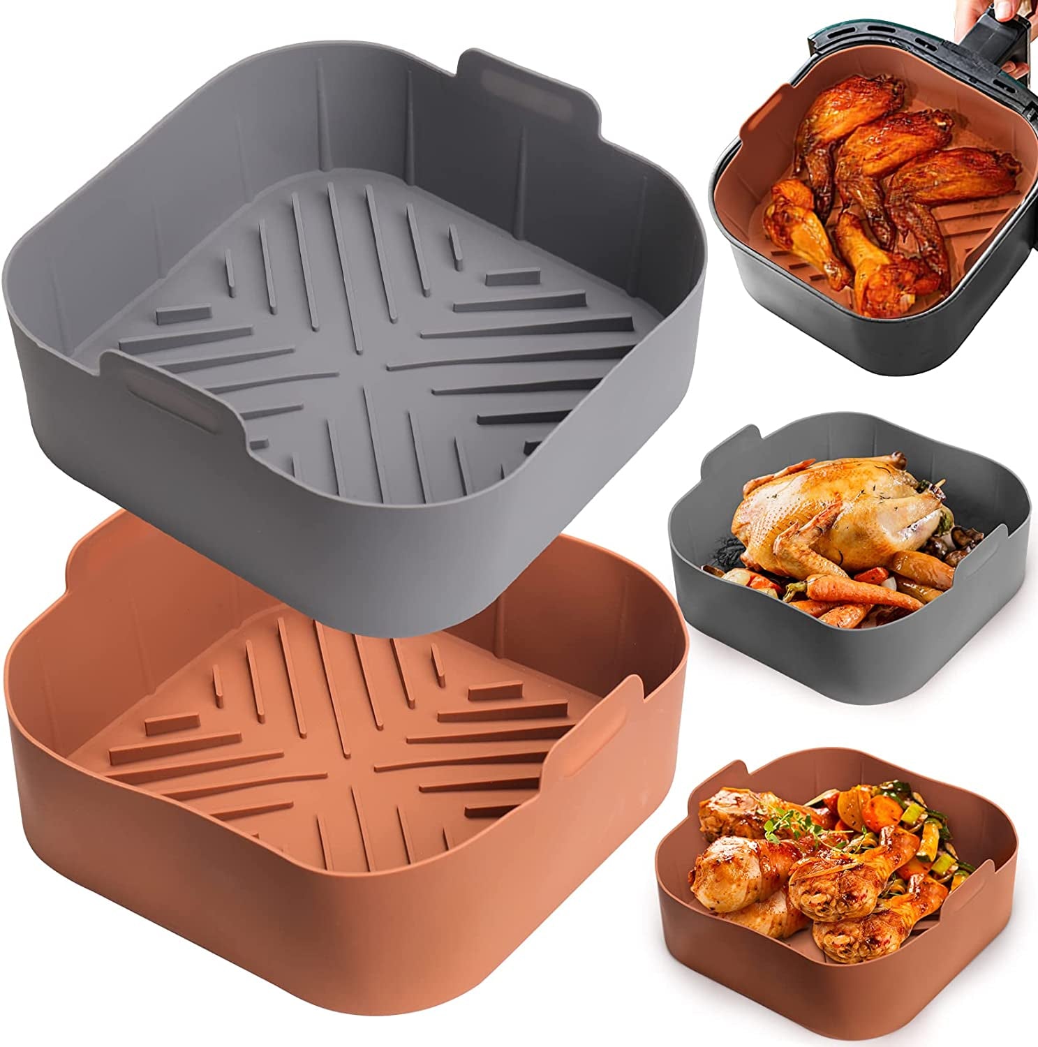 Silicone Air Fryer Basket Liners Square - 2Pcs Reusable Air Fryer Silicone Pots for Food Safe Air Fryers Oven Accessories(8.5 Inch)