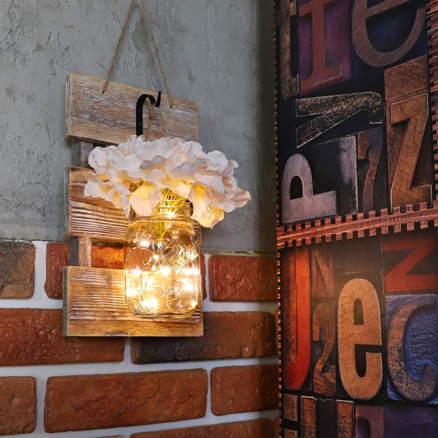 Mason Jar Wall Decor with LED Fairy Lights and Flowers - Farmhouse Home Decor (Set of 2)