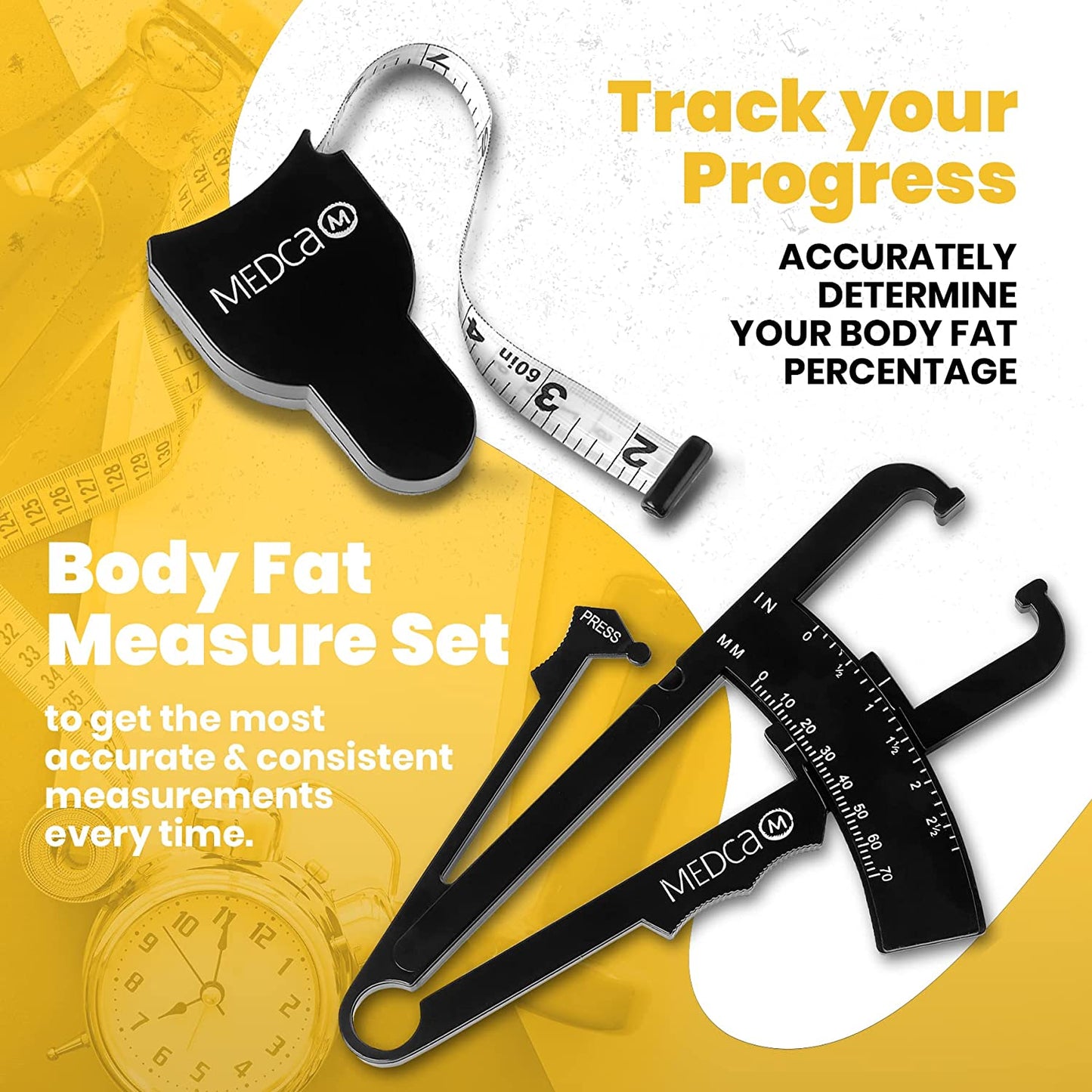 Body Fat Caliper and Measuring Tape for Body - Skinfold Calipers and Body Fat Tape Measure Tool for Accurately Measuring BMI Skin Fold Fitness and Weight-Loss, (Black)
