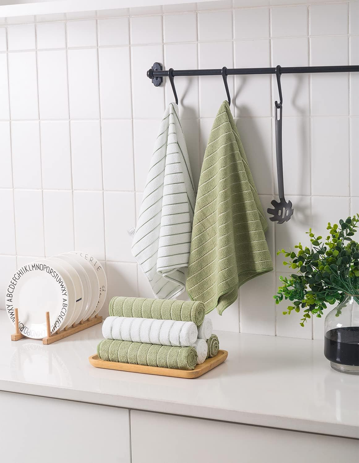 Microfiber Kitchen Towels, Stripe Designed, Super Soft and Absorbent Dish Towels, Pack of 8, 18 X 26 Inch, Green and White