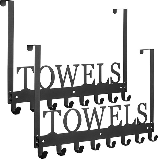 2 Pack Towel Rack Towel Hooks Towel Holder for Bathroom over the Door Hooks Door Mount Towel Hanger Storage Wall Mounted Hooks Organizer for Pool Beach Towels Bathrobe Metal Sandblasted (Black)