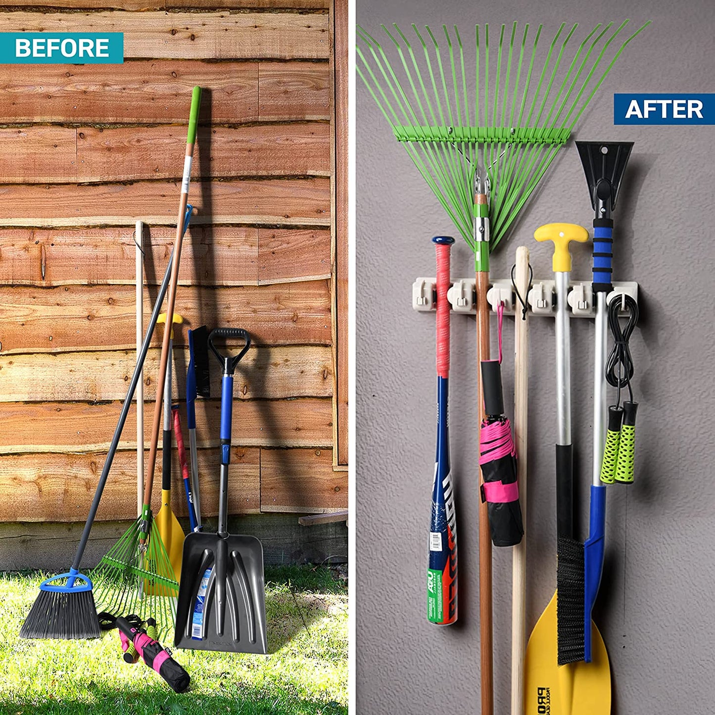 Mop and Broom Holder - Garage Storage Systems with 5 Slots, 6 Hooks, 7.5Lbs Capacity per Slot - Garden Tool Organizer for 11 Tools - for Home, Kitchen, Closet, Laundry Room - Off-White