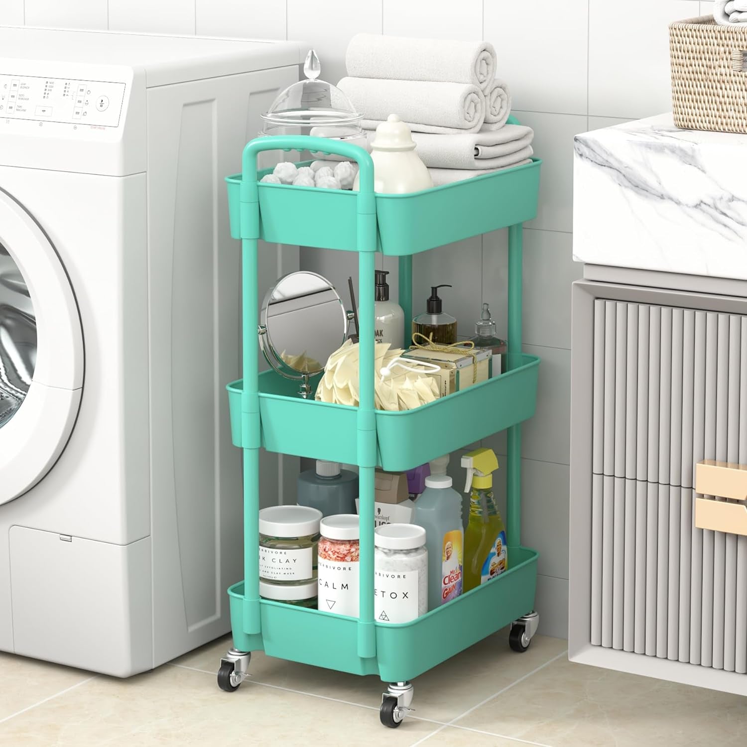 3-Tier Plastic Rolling Utility Cart with Handle, Multi-Functional Storage Trolley for Office, Living Room, Kitchen, Movable Storage Organizer with Wheels, Green