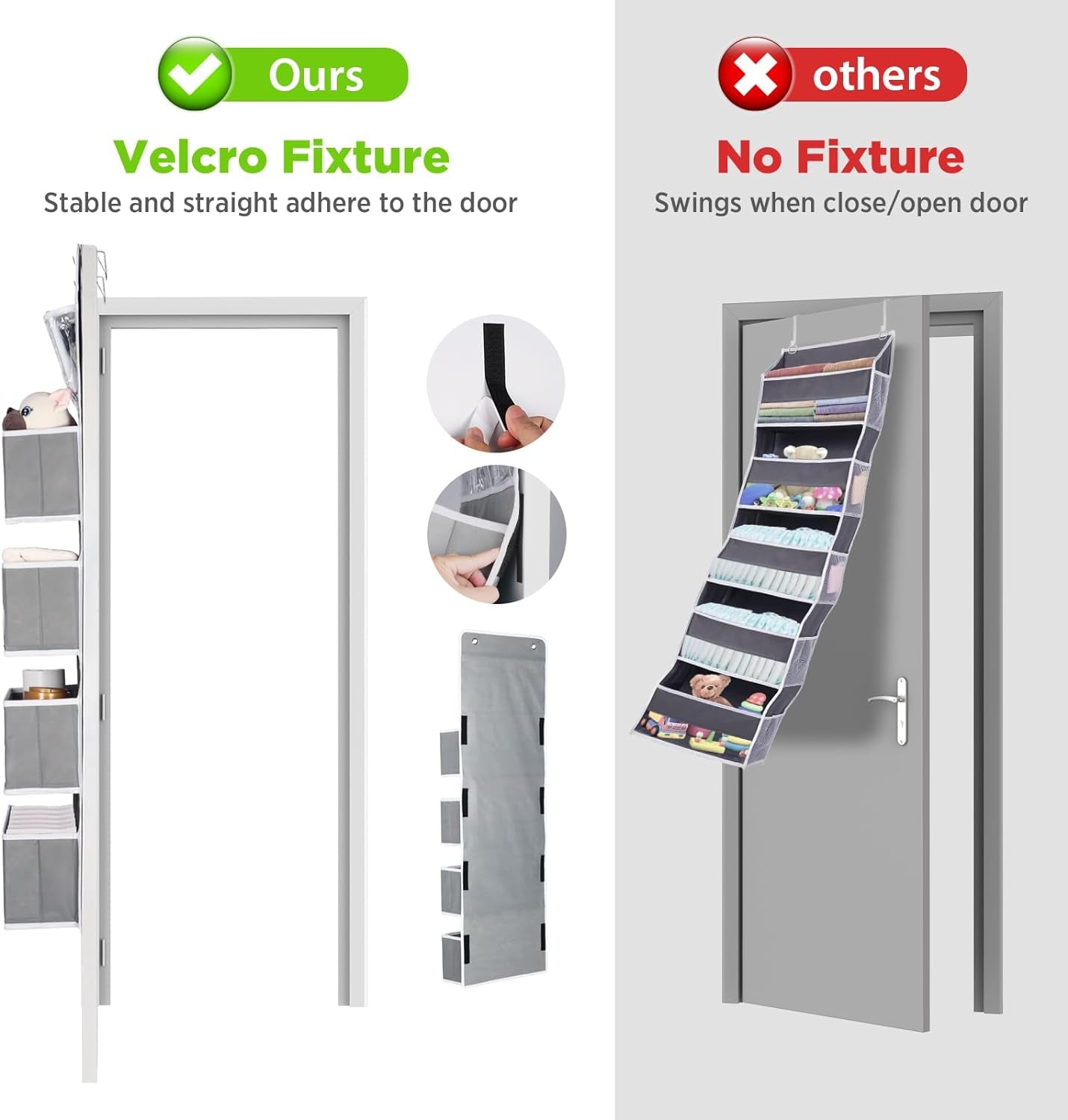 Door Hanging Organizer Nursery Closet Cabinet Baby Storage with 4 Large Pockets and 3 Small PVC Pockets for Cosmetics, Toys and Sundries (Grey)