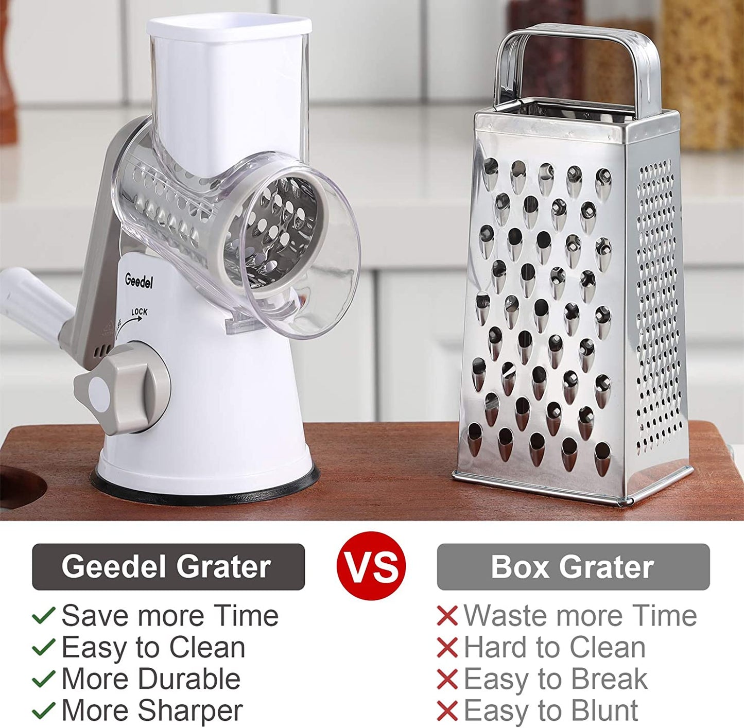Rotary Cheese Grater, Kitchen Mandoline Vegetable Slicer with 3 Interchangeable Blades, Easy to Clean Rotary Grater Slicer for Fruit, Vegetables, Nuts
