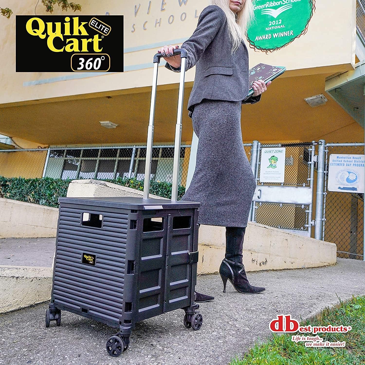 Quik Cart Elite 360 Four Wheeled Rolling Crate Teacher Utility with Seat Heavy Duty Collapsible Basket with Handle, Black