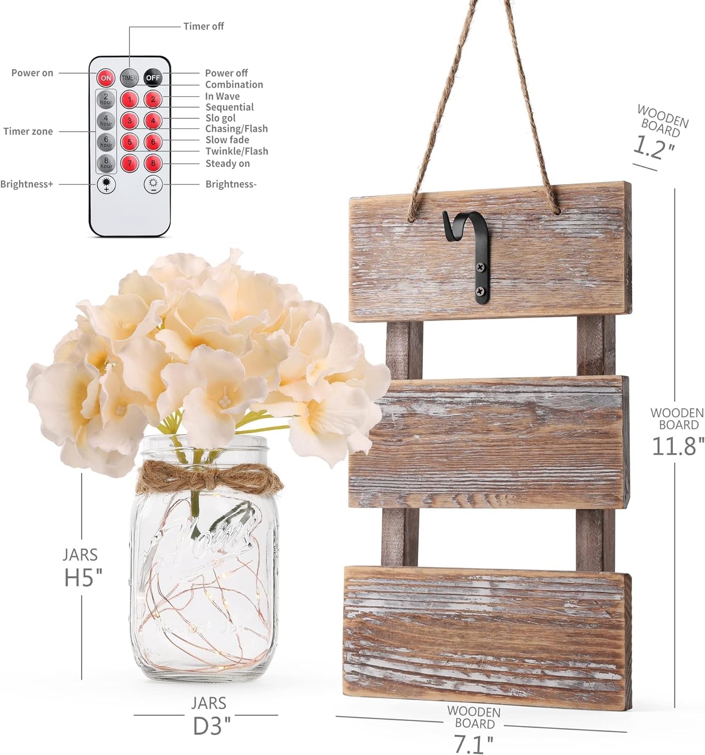 Mason Jar Wall Decor with LED Fairy Lights and Flowers - Farmhouse Home Decor (Set of 2)