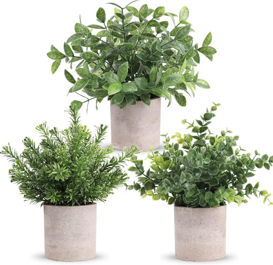 3 Pack Mini Potted Fake Plants Artificial Plastic Eucalyptus Plants for Home Office Desk Farmhouse Room Decor