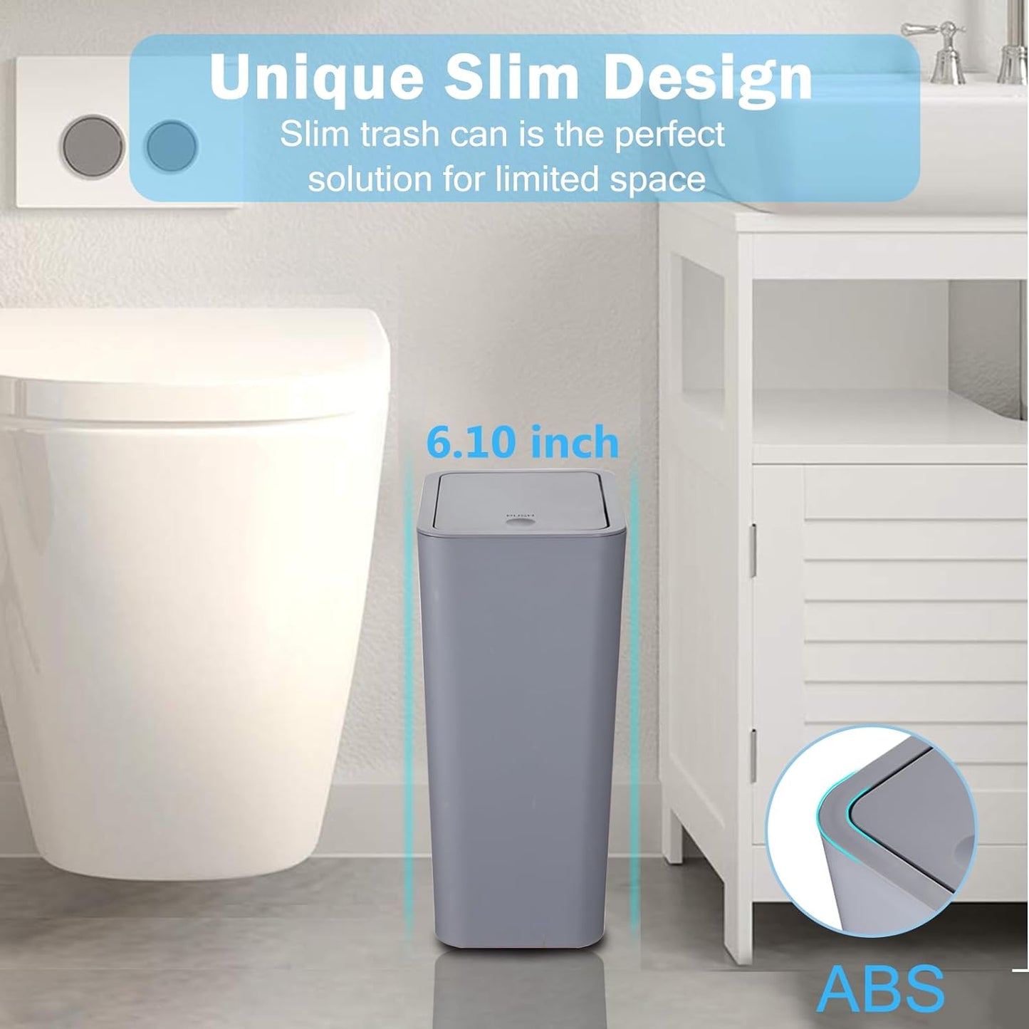 3 Pack Bathroom Small Trash Can with Lid,10L / 2.6 Gallon Slim Garbage Bin Wastebasket with Pop-Up Lid for Bedroom, Office, Kitchen, Craft Room, Fits under Desk/Cabinet/Sink/