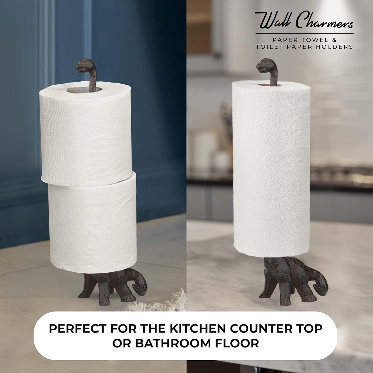 Rustic Paper Towel Holder, Metal Toilet or Kitchen Paper Holder for Floor or Countertop, Rustic Dino