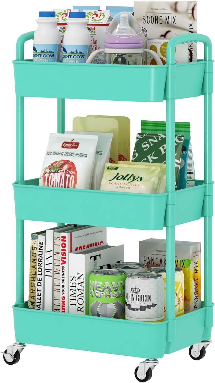 3-Tier Plastic Rolling Utility Cart with Handle, Multi-Functional Storage Trolley for Office, Living Room, Kitchen, Movable Storage Organizer with Wheels, Green
