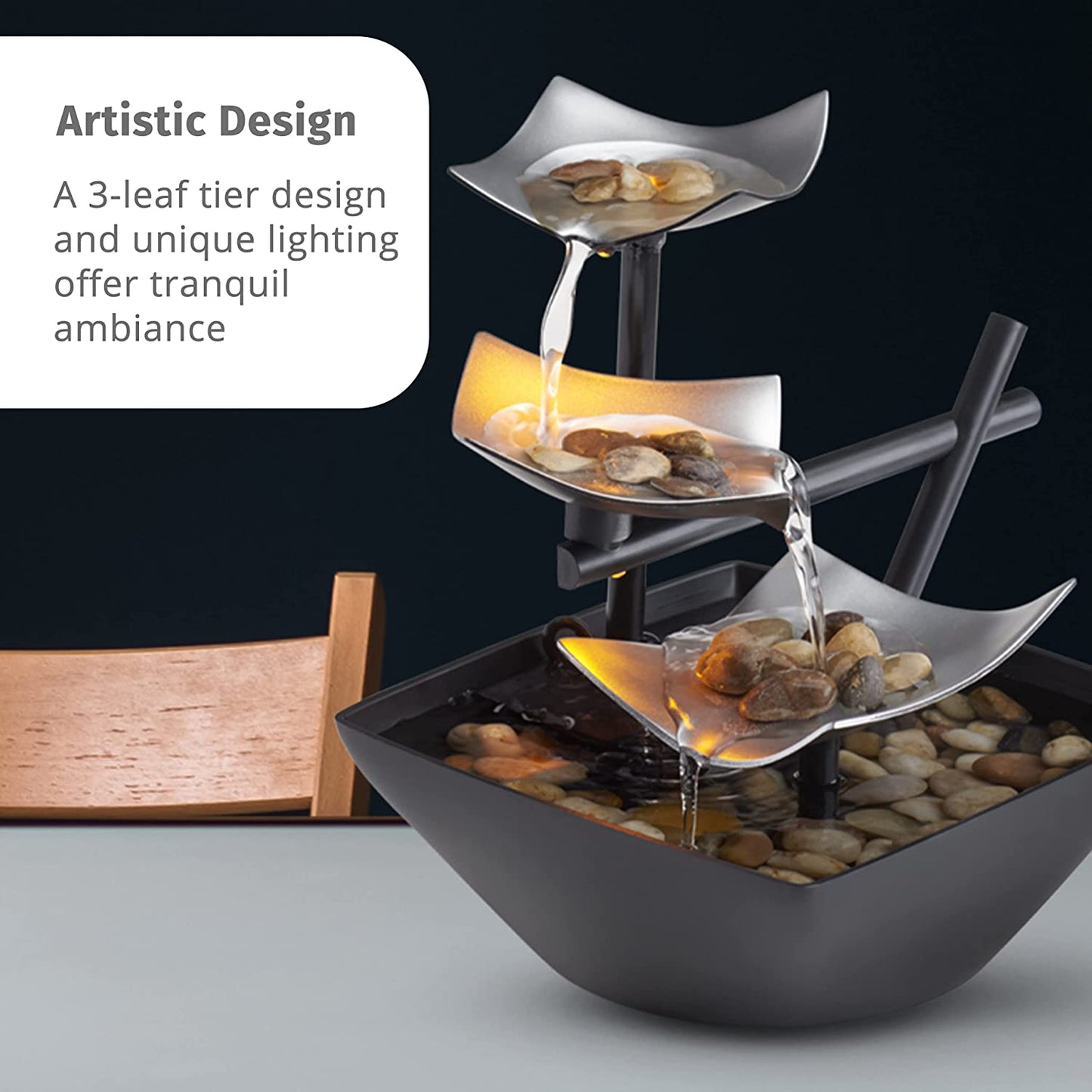 Tabletop Water Fountain, Home Décor Soothing Sound Machine - Automatic Pump, Deep Basin & Natural River Rocks. Indoor Zen Relaxation for Office, Living Room, or Bedroom, 8.25” Tall